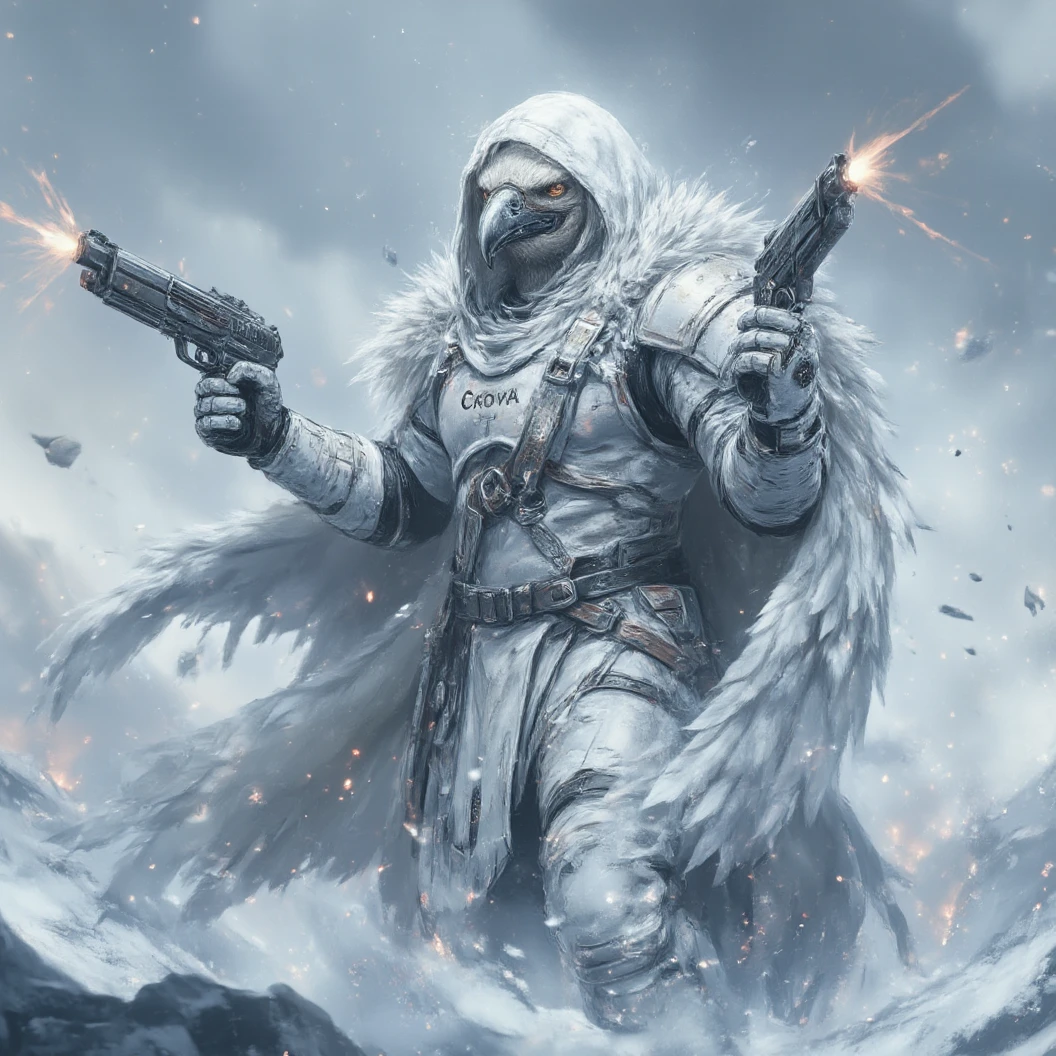 Muscular anthropomorphic albino raven, donned in modern white snow armor and gear, white feather cloak with hood. His raven beak made of metal. Dynamically dual wielding pistols in an active firefight, on the move. Arctic battlefield background. The name "Crow" etched largely on his chest armor. Dramatic, High Resolution, Masterpiece, Award Winning, Depth Of Field, Image Fill, Floating Particles, Movement, High Definition, Awe-inspiring, Dynamic Composition, Cinematic Lighting, Cinematic, Hyperdetailed, Hyperrealism, Digital Art, Character Design 