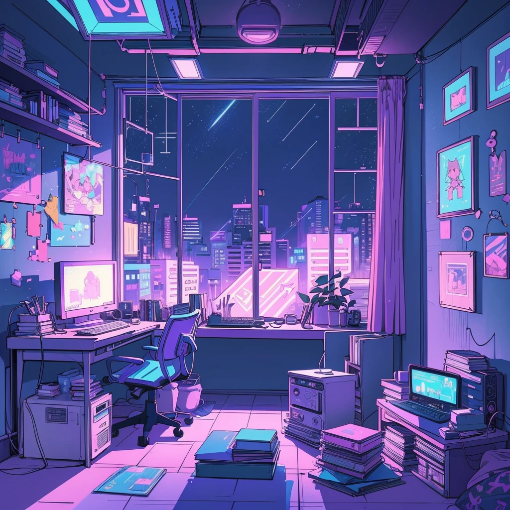 This is a (((lofi anime art print))) of a dreamy and soft y2k bedroom. The bedroom is cozy and nostalgic. ((The lofi and y2k aesthetic are important.)) Include a cluttered desk and bookcase filled with vintage charm. Include a retro computer on the desk. ((There are no people in this image.)) A prominent window in the serene bedroom overlooks a simple pastel city twinkling with stars and a mesmerizing meteor shower. Bathe this artwork in pastel purples, blues, and pinks, creating a dreamy, whimsical, and soft atmosphere. Peaceful mood, soft lighting, dreamy atmosphere, photographic, cinematic, intricate details, high quality, masterpiece, Art Lofi, Null Art Style, Lofi Sensation, portrait of lofi, Lofi Colors, null, lo-fi art, Lofi Vibes , Lofi atmosphere, Lofi hip hop, (Lofi Girl Aesthetics), computer aesthetic, ((dreamcore aesthetic)), (((y2k aesthetic))), y 2 k aesthetic, dreamy aesthetic, office background, background art, highschool background, gamer aesthetic, kawaii aesthetic, wallpaper aesthetic, dreamy illustration, soft aesthetic, cyber aesthetic, magical colored theme, toon aesthetic, violet colored theme, light academia aesthetic