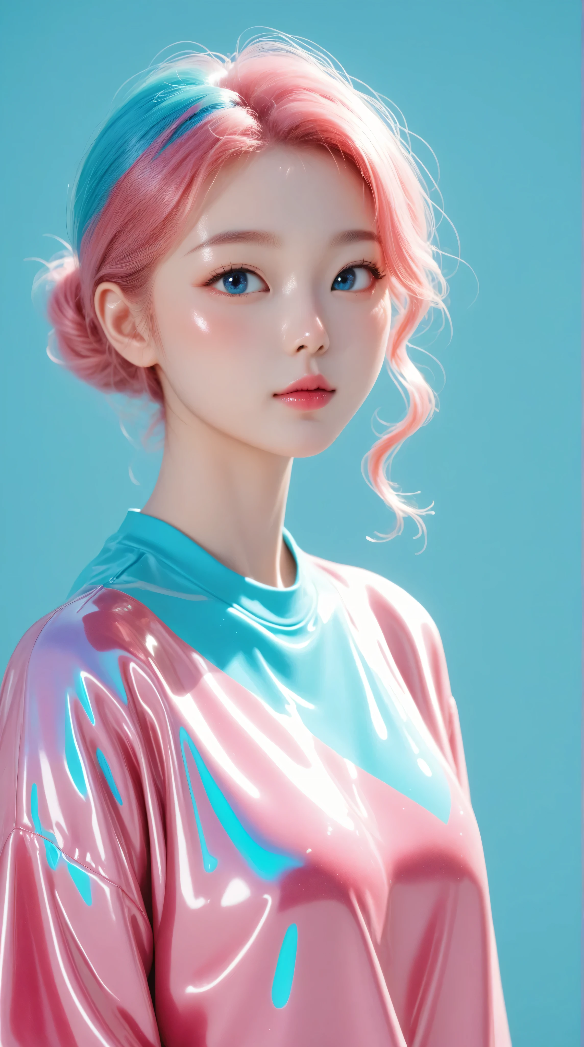 Kizi,Highly detailed, Amazing work,Vitreous luster,((clean backdrop)),In pink,(((blue colors))),green color,red colour,Best quality at best,clean backdrop, young korean girl, slender, shiny skin,