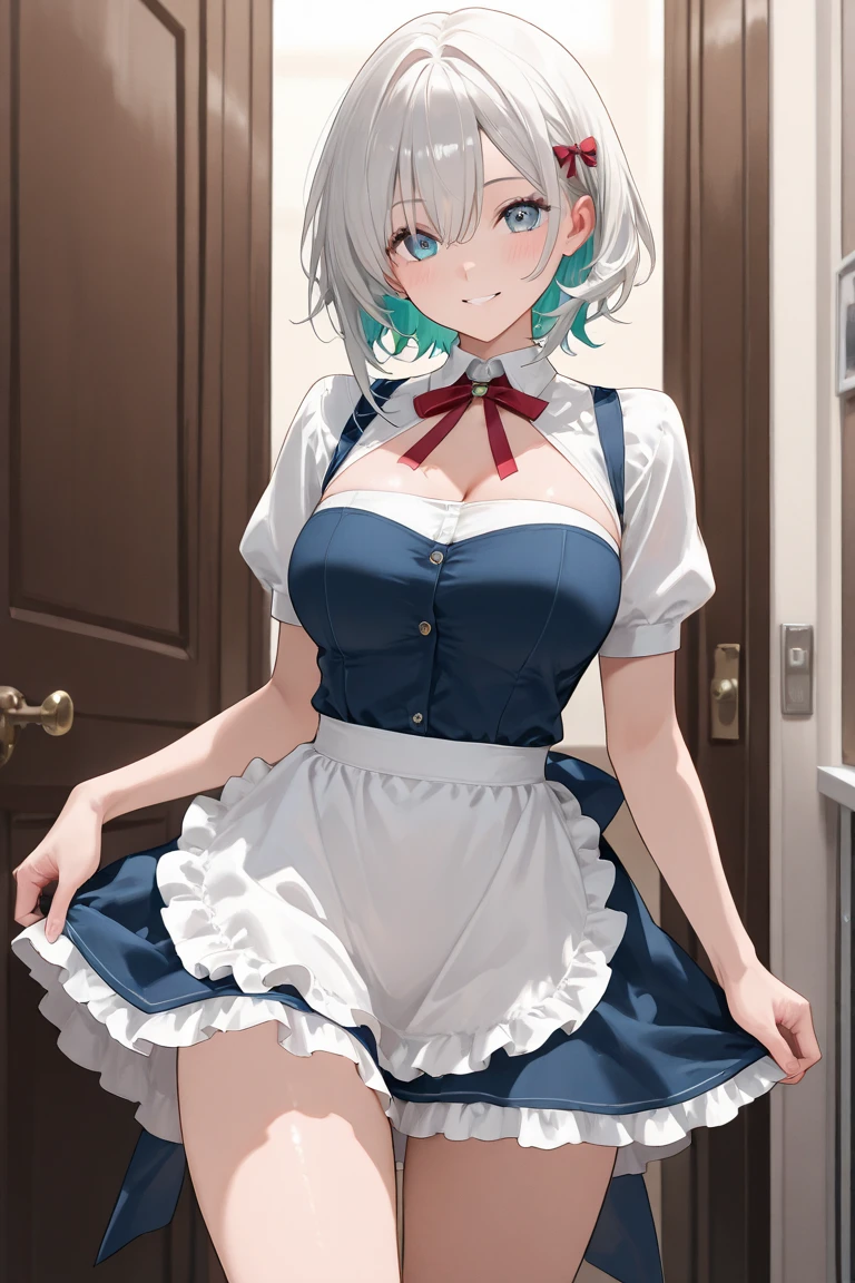 (Photorealistic:1.8, Highest quality:1.8,8K masterpiece:1.8,High resolution,Mastepiece:1.8,RAW Photos,Cinematic lighting)、Detailed Background、((Flat Color))、((colorful))、morning、maid Cafe、Window light、(Back view of a female store clerk holding a coffee cup)、TWICE's Tzuyu' on pause、
(choker、Maid clothes、hair ornaments、Black Mini Skirt、Beautiful thighs、Beautiful hips)、(smile、A rich expression)、(Medium Hair、Beautiful, shining red, white, brown and silver hair:1.5)、Sparkling Blue Eyes、Random Pause