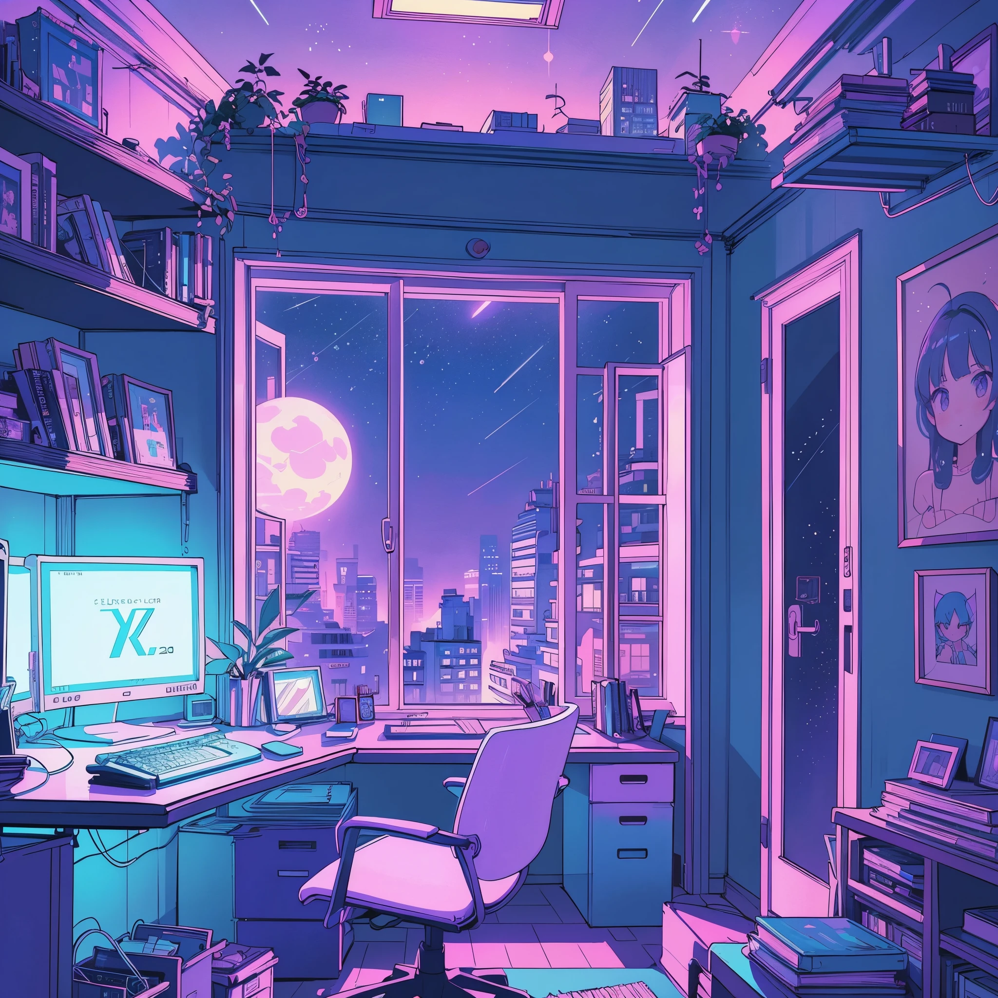 This is a (((lofi anime art print))) of a dreamy and soft y2k bedroom. The bedroom is cozy and nostalgic. ((The lofi and y2k aesthetic are important.)) Include a cluttered desk and bookcase filled with vintage charm. Include a retro computer on the desk. ((There are no people in this image.)) A prominent window in the serene bedroom overlooks a simple pastel city twinkling with stars and a mesmerizing meteor shower. Bathe this artwork in pastel purples, blues, and pinks, creating a dreamy, whimsical, and soft atmosphere. Peaceful mood, soft lighting, dreamy atmosphere, photographic, cinematic, intricate details, high quality, masterpiece, Art Lofi, Null Art Style, Lofi Sensation, portrait of lofi, Lofi Colors, null, lo-fi art, Lofi Vibes , Lofi atmosphere, Lofi hip hop, (Lofi Girl Aesthetics), computer aesthetic, ((dreamcore aesthetic)), (((y2k aesthetic))), y 2 k aesthetic, dreamy aesthetic, office background, background art, highschool background, gamer aesthetic, kawaii aesthetic, wallpaper aesthetic, dreamy illustration, soft aesthetic, cyber aesthetic, magical colored theme, toon aesthetic, violet colored theme, light academia aesthetic