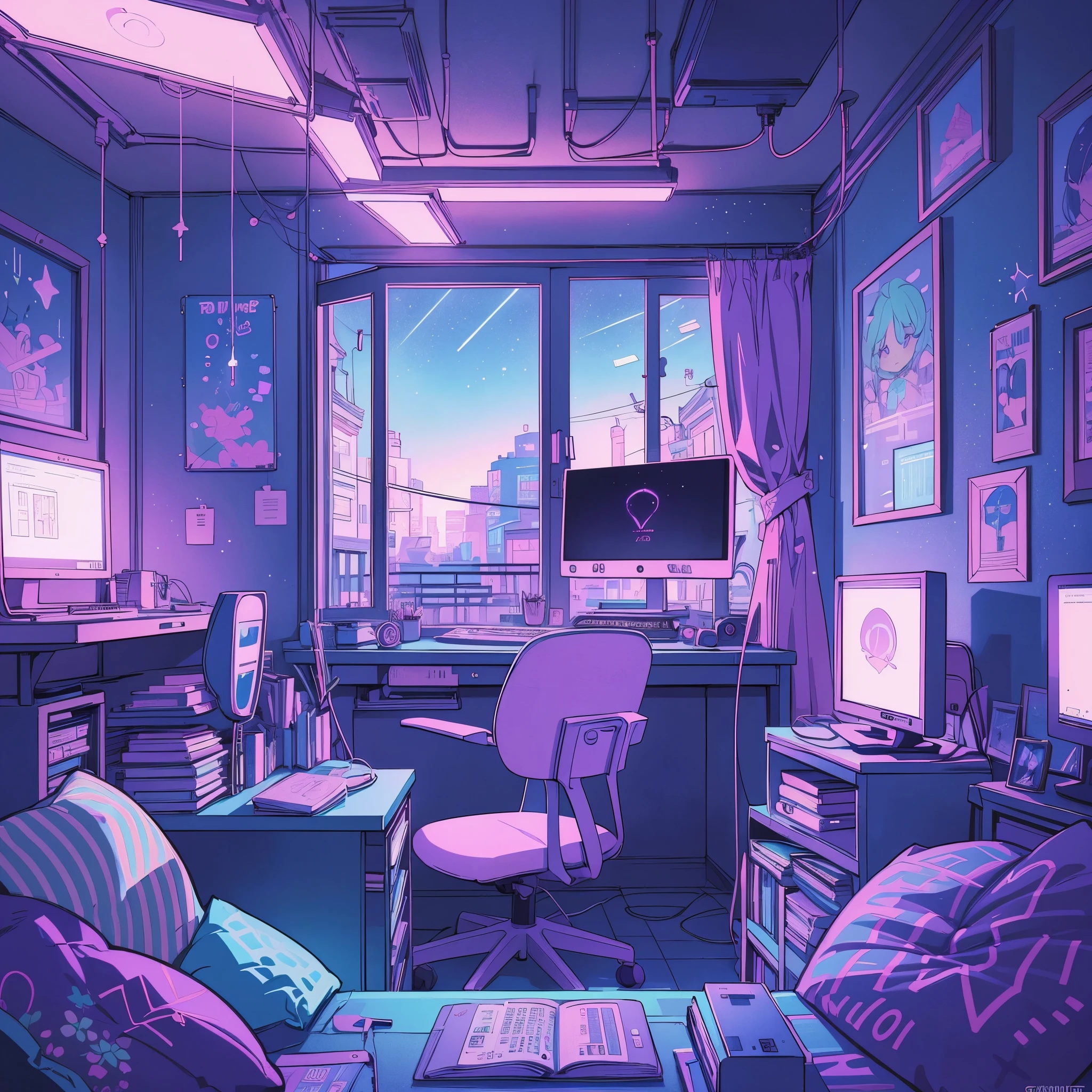 This is a (((lofi anime art print))) of a dreamy and soft y2k bedroom. The bedroom is cozy and nostalgic. ((The lofi and y2k aesthetic are important.)) Include a cluttered desk and bookcase filled with vintage charm. Include a retro computer on the desk. ((There are no people in this image.)) A prominent window in the serene bedroom overlooks a simple pastel city twinkling with stars and a mesmerizing meteor shower. Bathe this artwork in pastel purples, blues, and pinks, creating a dreamy, whimsical, and soft atmosphere. Peaceful mood, soft lighting, dreamy atmosphere, photographic, cinematic, intricate details, high quality, masterpiece, Art Lofi, Null Art Style, Lofi Sensation, portrait of lofi, Lofi Colors, null, lo-fi art, Lofi Vibes , Lofi atmosphere, Lofi hip hop, (Lofi Girl Aesthetics), computer aesthetic, ((dreamcore aesthetic)), (((y2k aesthetic))), y 2 k aesthetic, dreamy aesthetic, office background, background art, highschool background, gamer aesthetic, kawaii aesthetic, wallpaper aesthetic, dreamy illustration, soft aesthetic, cyber aesthetic, magical colored theme, toon aesthetic, violet colored theme, light academia aesthetic