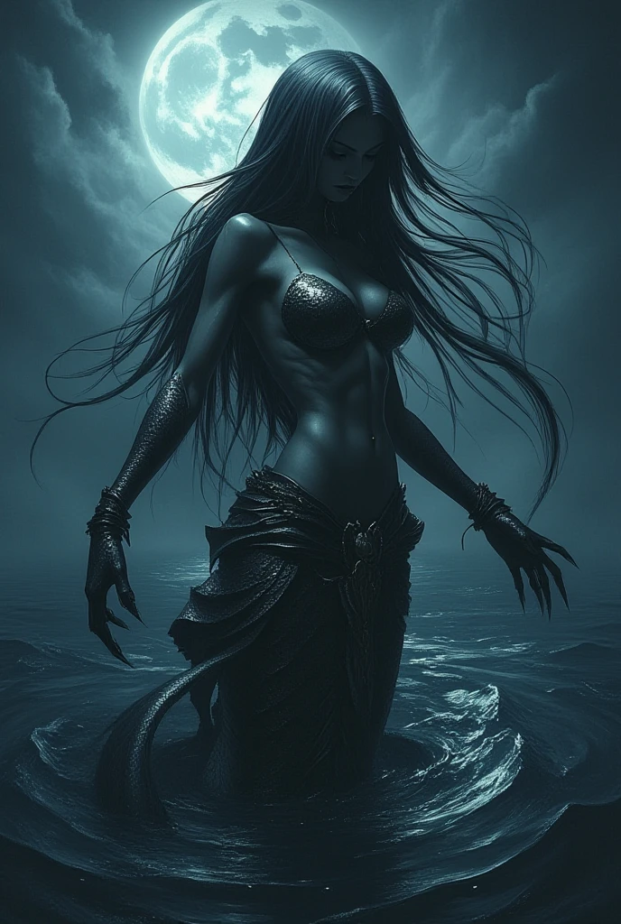 solo,  long hair,  1 mermaid girl , black mermaid , predatory and dangerous ,  Beautiful,  perfect body ,  big open chest ,  peeks out of the water ,  open calm sea under the moon,  high definition ,  high detail,  peeks out of the water ,  water touches her chest , View from afar,  black clawed hands , свет луны падает сверху, в прозрачной воде виден черный хвост русалки