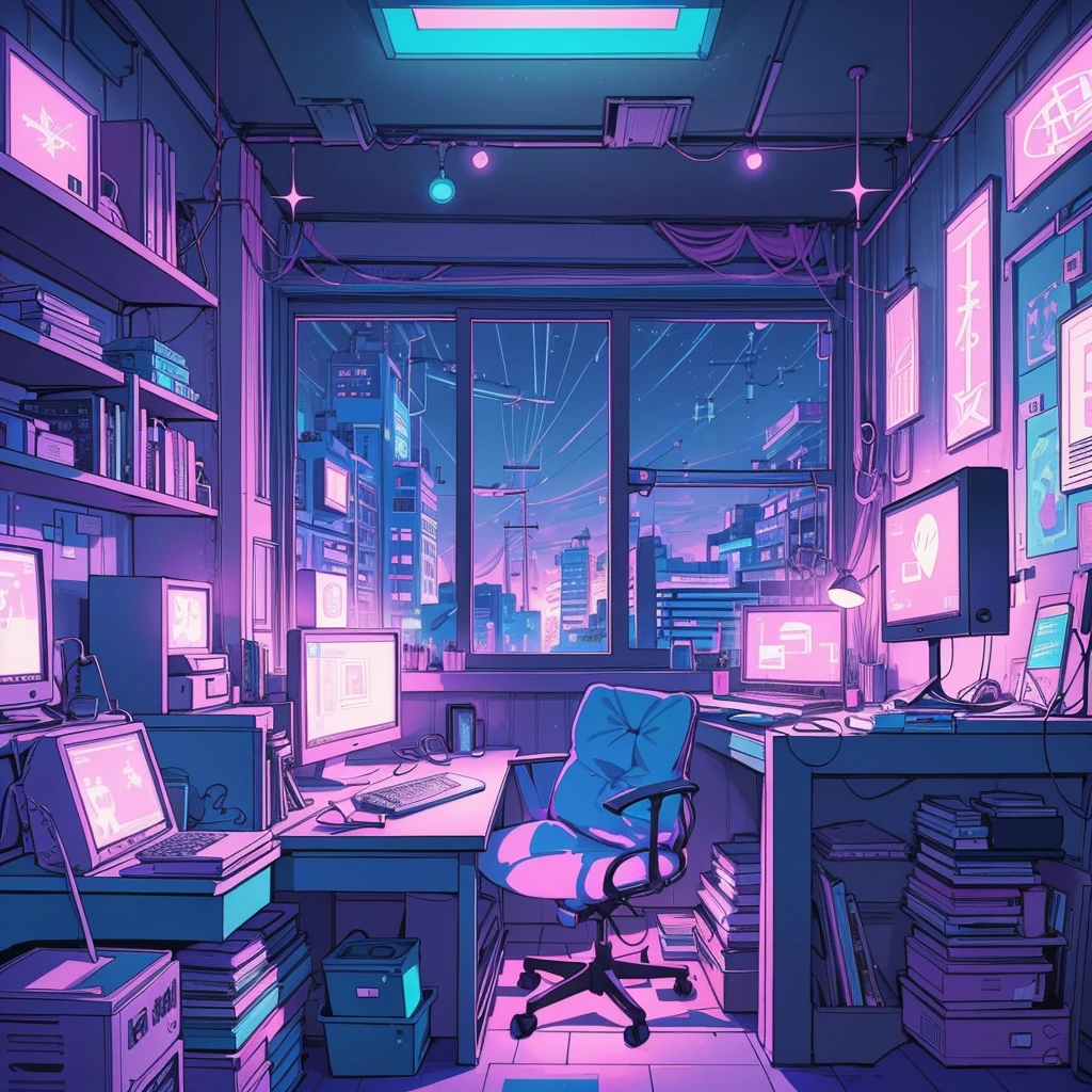 This is a (((lofi anime art print))) of a dreamy and soft y2k bedroom. The bedroom is cozy and nostalgic. ((The lofi and y2k aesthetic are important.)) Include a cluttered desk and bookcase filled with vintage charm. Include a retro computer on the desk. ((There are no people in this image.)) A prominent window in the serene bedroom overlooks a simple pastel city twinkling with stars and a mesmerizing meteor shower. Bathe this artwork in pastel purples, blues, and pinks, creating a dreamy, whimsical, and soft atmosphere. Peaceful mood, soft lighting, dreamy atmosphere, photographic, cinematic, intricate details, high quality, masterpiece, Art Lofi, Null Art Style, Lofi Sensation, portrait of lofi, Lofi Colors, null, lo-fi art, Lofi Vibes , Lofi atmosphere, Lofi hip hop, (Lofi Girl Aesthetics), computer aesthetic, ((dreamcore aesthetic)), (((y2k aesthetic))), y 2 k aesthetic, dreamy aesthetic, office background, background art, highschool background, gamer aesthetic, kawaii aesthetic, wallpaper aesthetic, dreamy illustration, soft aesthetic, cyber aesthetic, magical colored theme, toon aesthetic, violet colored theme, light academia aesthetic