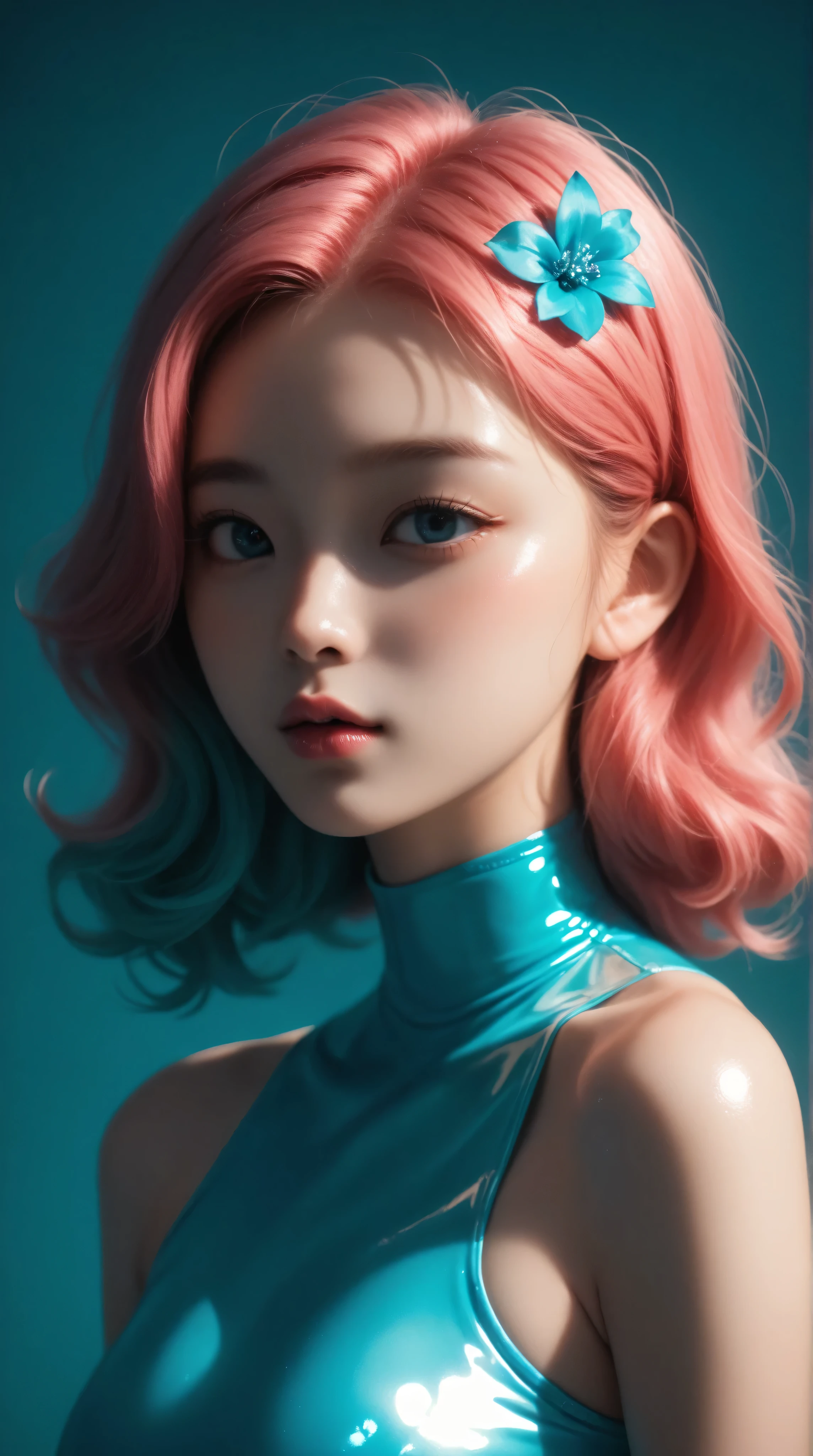 Kizi,Highly detailed, Amazing work,Vitreous luster,((clean backdrop)),In pink,(((blue colors))),green color,red colour,Best quality at best,clean backdrop, young korean girl, slender, shiny skin,