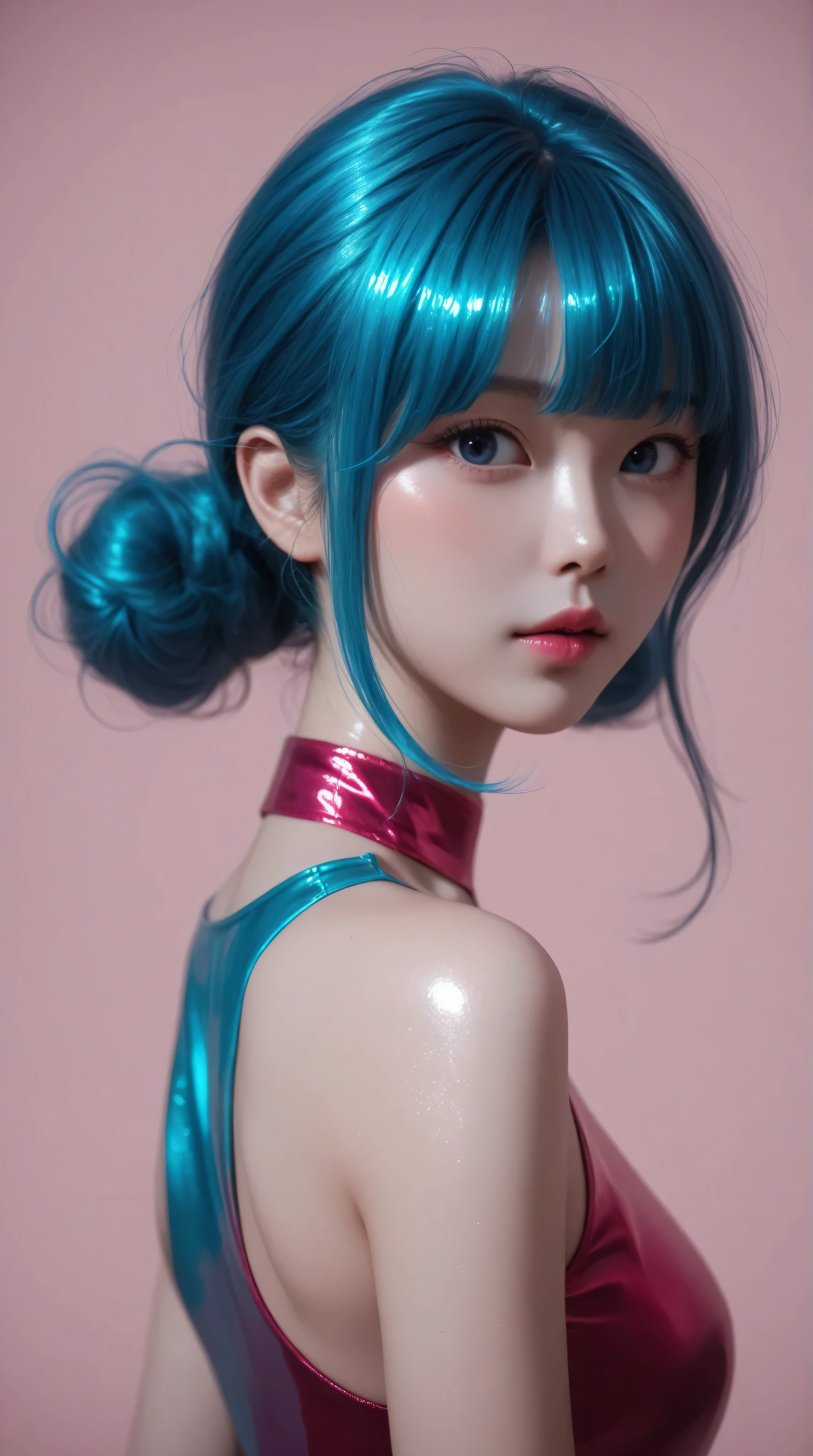 Kizi，Highly detailed, Amazing work，Vitreous luster,((clean backdrop))，In pink，(((blue colors)))，green color，red colour，Best quality at best，clean backdrop, young korean girl, slender, shiny skin, 