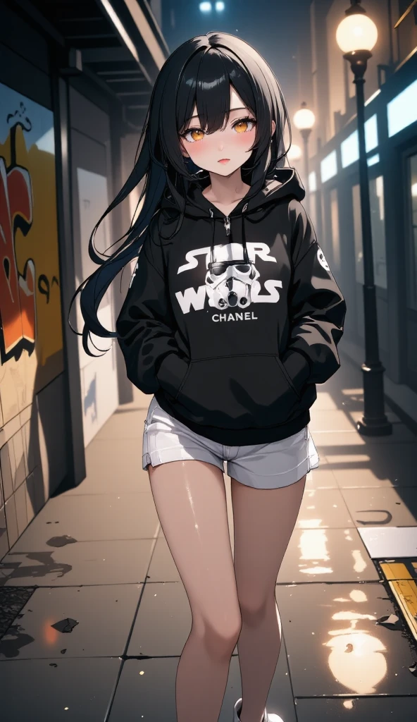  A beautiful young Korean woman .
 Chanel-style black hair , fluttering. 
 honey-colored eyes, expressive, obfuscating, incandescent. 
thin neck.
 Full and voluminous lips , Red color. 
 fine winding. 
 long thin legs .
muscular belly.
 Dressed in a sweatshirt jacket , black color, short,  stormtrups helmet-style hoodie , Print of "StarWars".
wide pants, White color, torn, Hip-Hop style. 
 White platform style shoe . 
 In the background a wall filled with various graffiti.
 low lighting. 
Pole lighting effect .