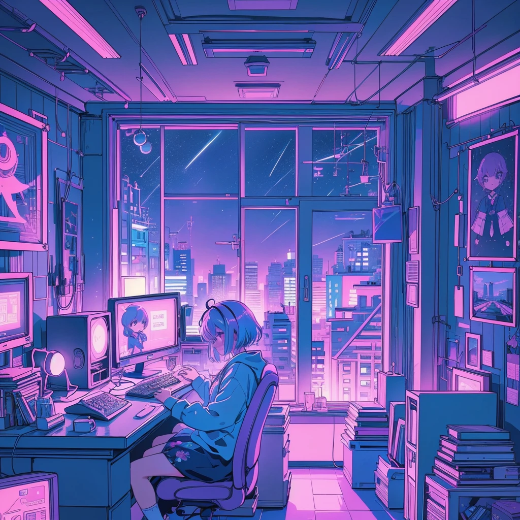 This is a (((lofi anime art print))) of a dreamy and soft y2k bedroom. The bedroom is cozy and nostalgic. ((The lofi and y2k aesthetic are important.)) Include a cluttered desk and bookcase filled with vintage charm. Include a retro computer on the desk. ((There are no people in this image.)) A prominent window in the serene bedroom overlooks a simple pastel city twinkling with stars and a mesmerizing meteor shower. Bathe this artwork in pastel purples, blues, and pinks, creating a dreamy, whimsical, and soft atmosphere. Peaceful mood, soft lighting, dreamy atmosphere, photographic, cinematic, intricate details, high quality, masterpiece, Art Lofi, Null Art Style, Lofi Sensation, portrait of lofi, Lofi Colors, null, lo-fi art, Lofi Vibes , Lofi atmosphere, Lofi hip hop, (Lofi Girl Aesthetics), computer aesthetic, ((dreamcore aesthetic)), (((y2k aesthetic))), y 2 k aesthetic, dreamy aesthetic, office background, background art, highschool background, gamer aesthetic, kawaii aesthetic, wallpaper aesthetic, dreamy illustration, soft aesthetic, cyber aesthetic, magical colored theme, toon aesthetic, violet colored theme, light academia aesthetic