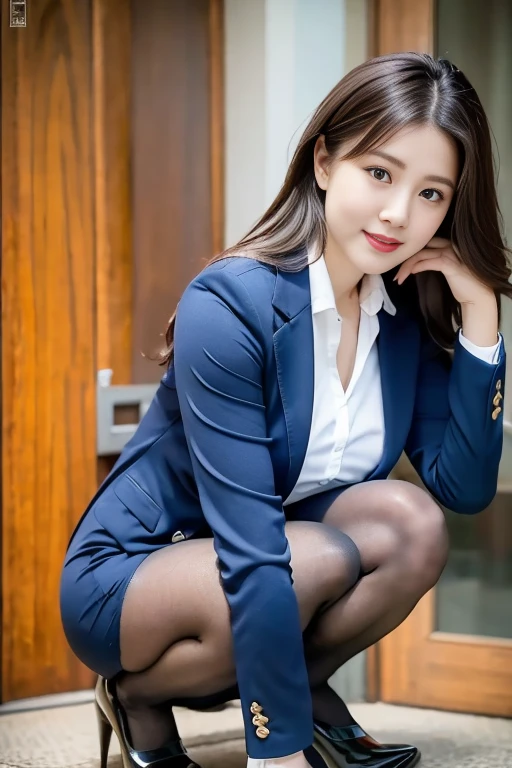 (((On the bed:1.0))、(((squat:1.0)))、(((Spread your legs wide:1.25)))、(((Stiletto heels:1.0)))、conference room、Daytime、Hair tied up、Bright interior、Navy Blue Suit、Pretty short skirt、beauty secretary、(Very large breasts、length, Thin legs、Perfect figure、whole body、smile)、No makeup、23 years old、(masterpiece、8K,RAW Photos、High resolution:1.4)、The soft expression brings out the calm look of a woman..。