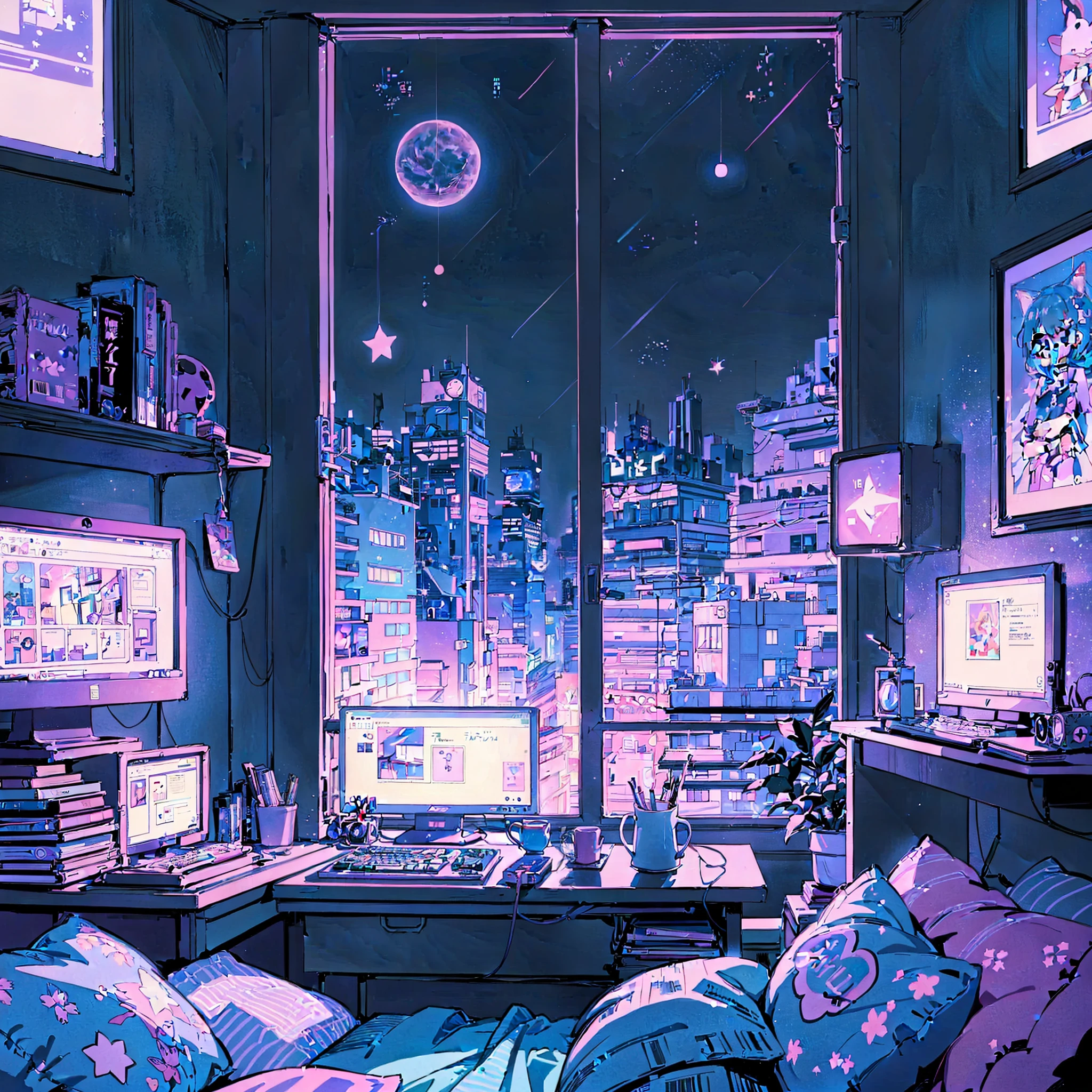 This is a (((lofi anime art print))) of a dreamy and soft y2k bedroom. The bedroom is cozy and nostalgic. ((The lofi and y2k aesthetic are important.)) Include a cluttered desk and bookcase filled with vintage charm. Include a retro computer on the desk. ((There are no people in this image.)) A prominent window in the serene bedroom overlooks a simple pastel city twinkling with stars and a mesmerizing meteor shower. Bathe this artwork in pastel purples, blues, and pinks, creating a dreamy, whimsical, and soft atmosphere. Peaceful mood, soft lighting, dreamy atmosphere, photographic, cinematic, intricate details, high quality, masterpiece, Art Lofi, Null Art Style, Lofi Sensation, portrait of lofi, Lofi Colors, null, lo-fi art, Lofi Vibes , Lofi atmosphere, Lofi hip hop, (Lofi Girl Aesthetics), computer aesthetic, ((dreamcore aesthetic)), (((y2k aesthetic))), y 2 k aesthetic, dreamy aesthetic, office background, background art, highschool background, gamer aesthetic, kawaii aesthetic, wallpaper aesthetic, dreamy illustration, soft aesthetic, cyber aesthetic, magical colored theme, toon aesthetic, violet colored theme, light academia aesthetic