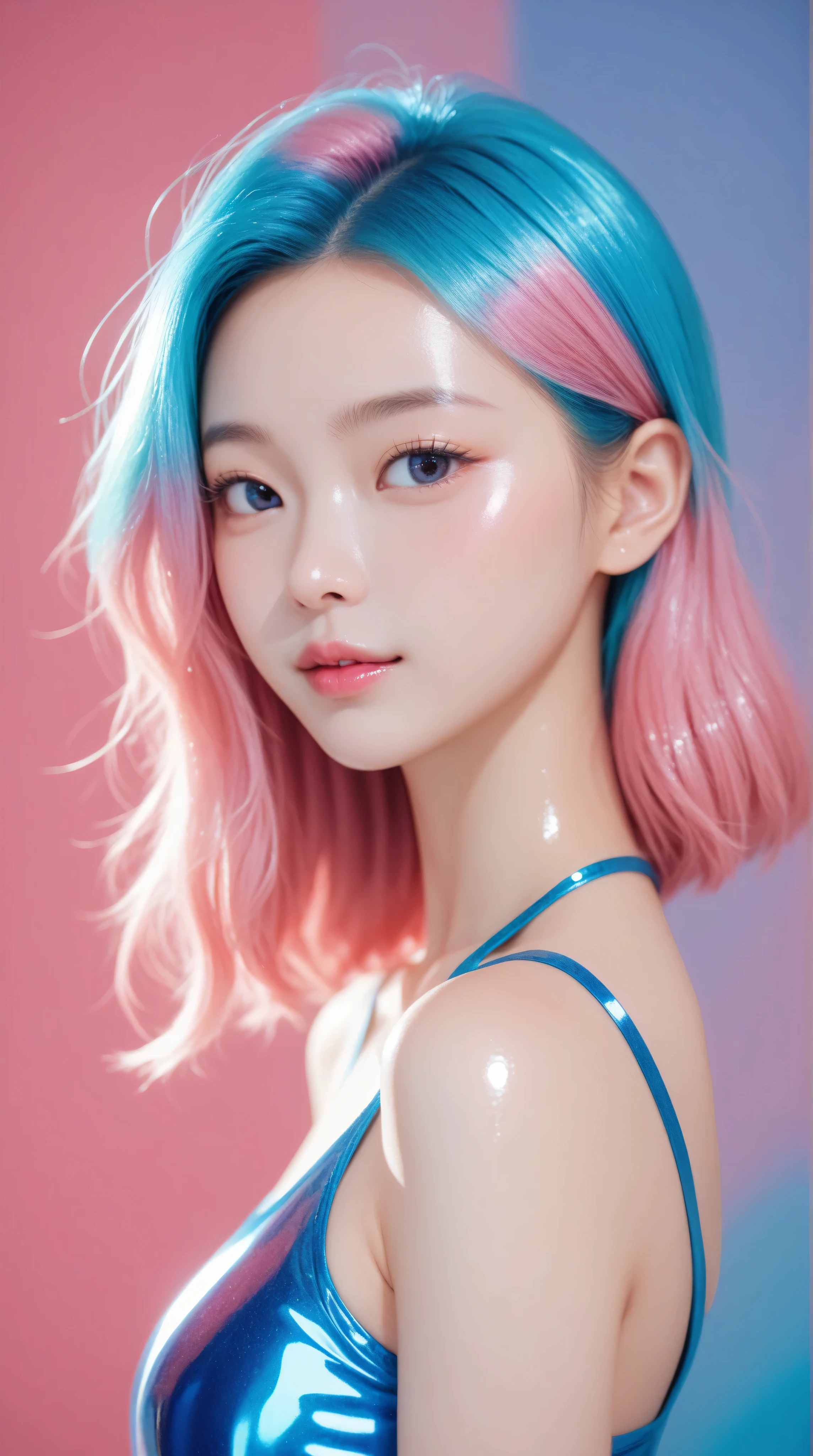 Kizi，Highly detailed, Amazing work，Vitreous luster,((clean backdrop))，In pink，(((blue colors)))，green color，red colour，Best quality at best，clean backdrop, young korean girl, slender, shiny skin, 