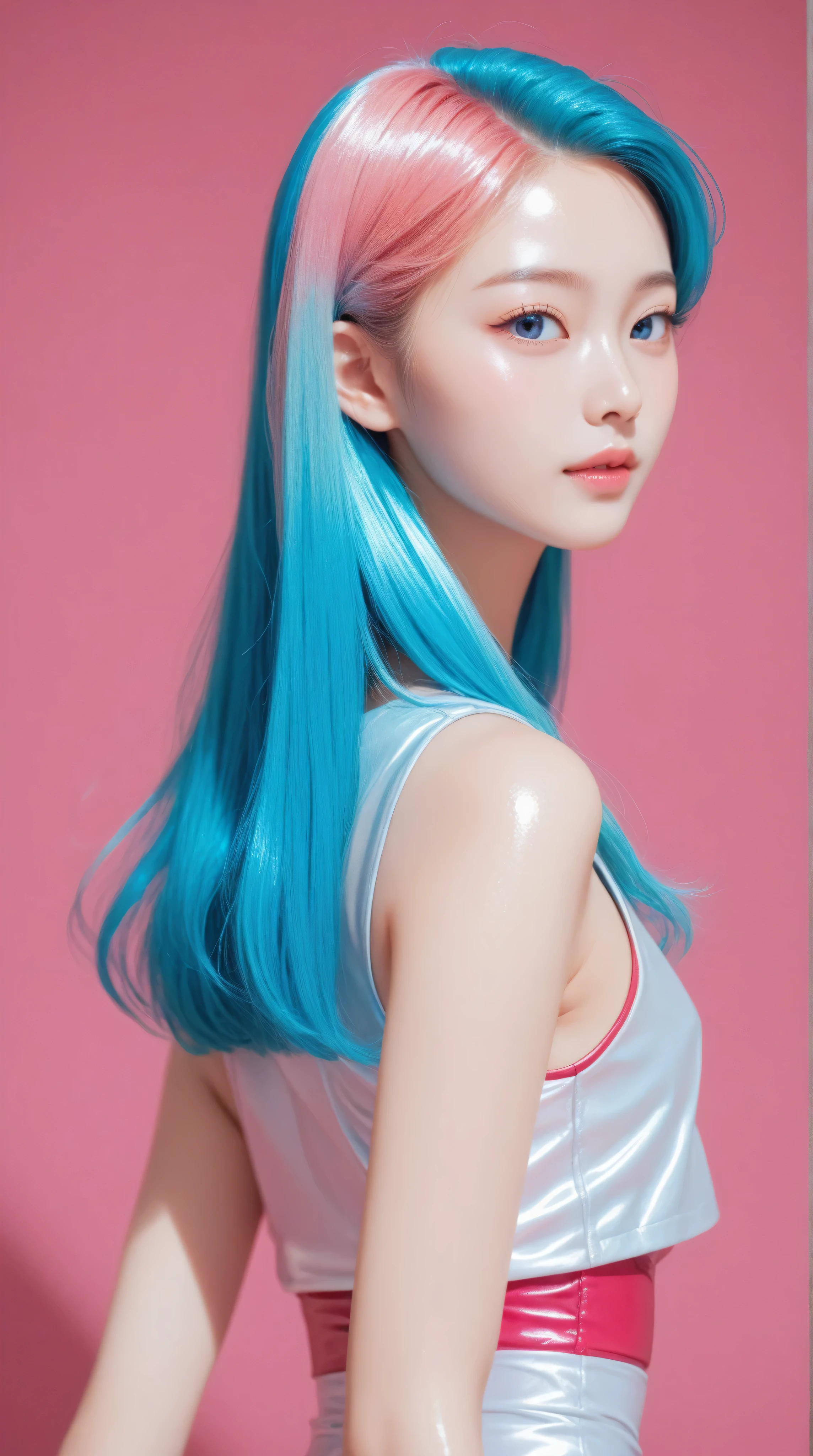 Kizi，Highly detailed, Amazing work，Vitreous luster,((clean backdrop))，In pink，(((blue colors)))，green color，red colour，Best quality at best，clean backdrop, young korean girl, slender, shiny skin, 