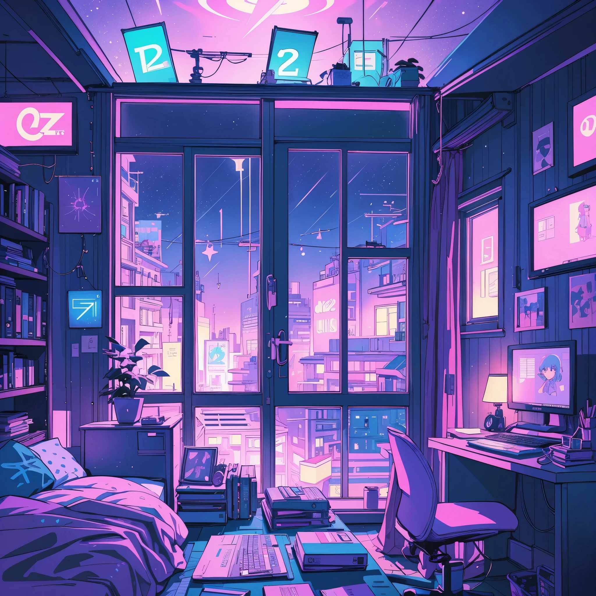 This is a (((lofi anime art print))) of a dreamy and soft y2k bedroom. The bedroom is cozy and nostalgic. ((The lofi and y2k aesthetic are important.)) Include a cluttered desk and bookcase filled with vintage charm. Include a retro computer on the desk. ((There are no people in this image.)) A prominent window in the serene bedroom overlooks a simple pastel city twinkling with stars and a mesmerizing meteor shower. Bathe this artwork in pastel purples, blues, and pinks, creating a dreamy, whimsical, and soft atmosphere. Peaceful mood, soft lighting, dreamy atmosphere, photographic, cinematic, intricate details, high quality, masterpiece, Art Lofi, Null Art Style, Lofi Sensation, portrait of lofi, Lofi Colors, null, lo-fi art, Lofi Vibes , Lofi atmosphere, Lofi hip hop, (Lofi Girl Aesthetics), computer aesthetic, ((dreamcore aesthetic)), (((y2k aesthetic))), y 2 k aesthetic, dreamy aesthetic, office background, background art, highschool background, gamer aesthetic, kawaii aesthetic, wallpaper aesthetic, dreamy illustration, soft aesthetic, cyber aesthetic, magical colored theme, toon aesthetic, violet colored theme, light academia aesthetic