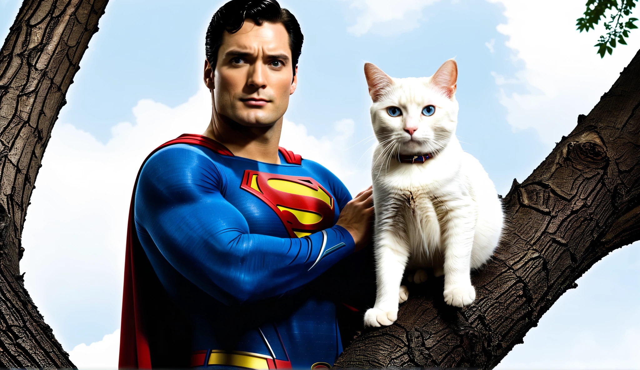 Superman saves white cat from high up in tree