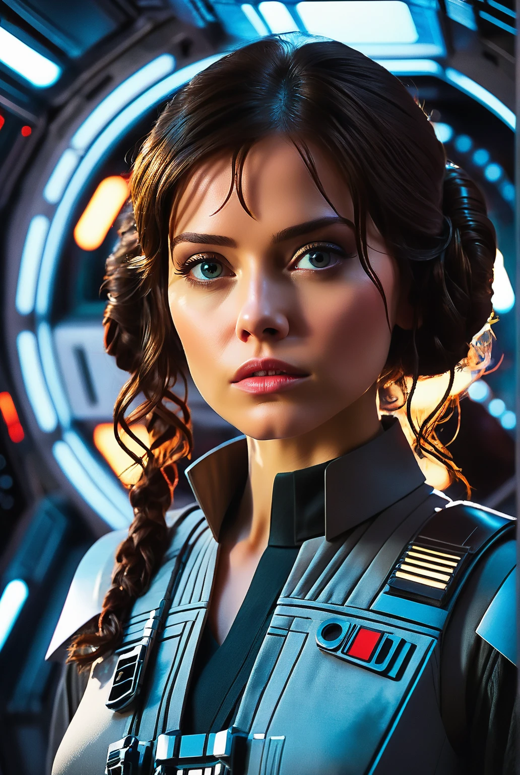 Pro ultra-real Photo cosplay Princess Leia face mouth teeth open short hairstyle symmetrical muscular body realistic suave seductive pose dramatic Bridaldress gothic lava black spinel ruby silk satin felt leather thick high fashion revealing underwear black short hair shaved Indigo Tourmaline Ultra High Image Quality Texture 16K DSLR UHD HDR Retina "star wars" "Unreal Engine 5"