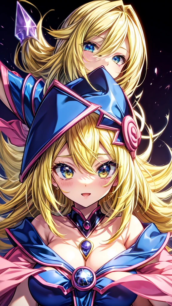 score_9, score_8_up, score_7_up, 1girl, solo, (loli:1.5), ???, flat chest, dark_magician_girl,blonde_hair,duel_monster,1girl,long_hair,green_eyes,bare_shoulders,wizard_hat,, no cane, cleavage,hair_between_eyes, lying on side,confused face, oversized clothes, looking down, fantasy, galaxy,