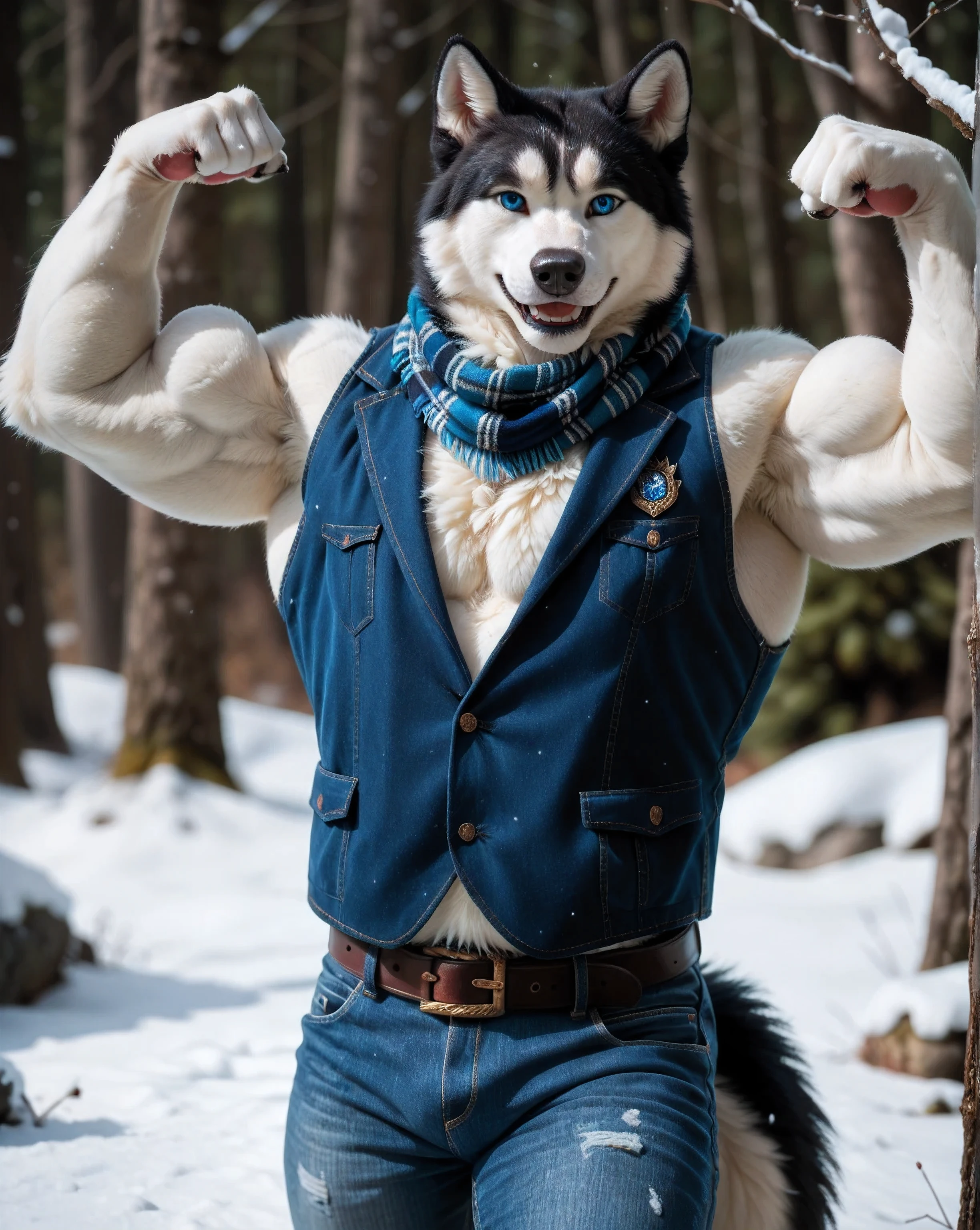 Husky Man Build Arafed husky dog with a scarf and vest posing for a picture - SeaArt AI
