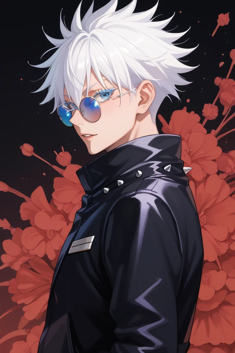 score_9, score_8_up, score_7_up, score_6_up, BREAK, source_anime, rating_explicit, masterpiece, best quality, detailed background 
 short hair, 1boy, white hair,spiked hair,  gojou satoru, blue eyes, colored eyelashes, hair between eyes, black jacket, round sunglasses, looking at viewer, from side,
Satoru gojo in a dapper suit looking handsome and charismatic and badass and sexy.Masterpiece, Best Quality, Award Winning, UHD, Anime, Anime Style, 