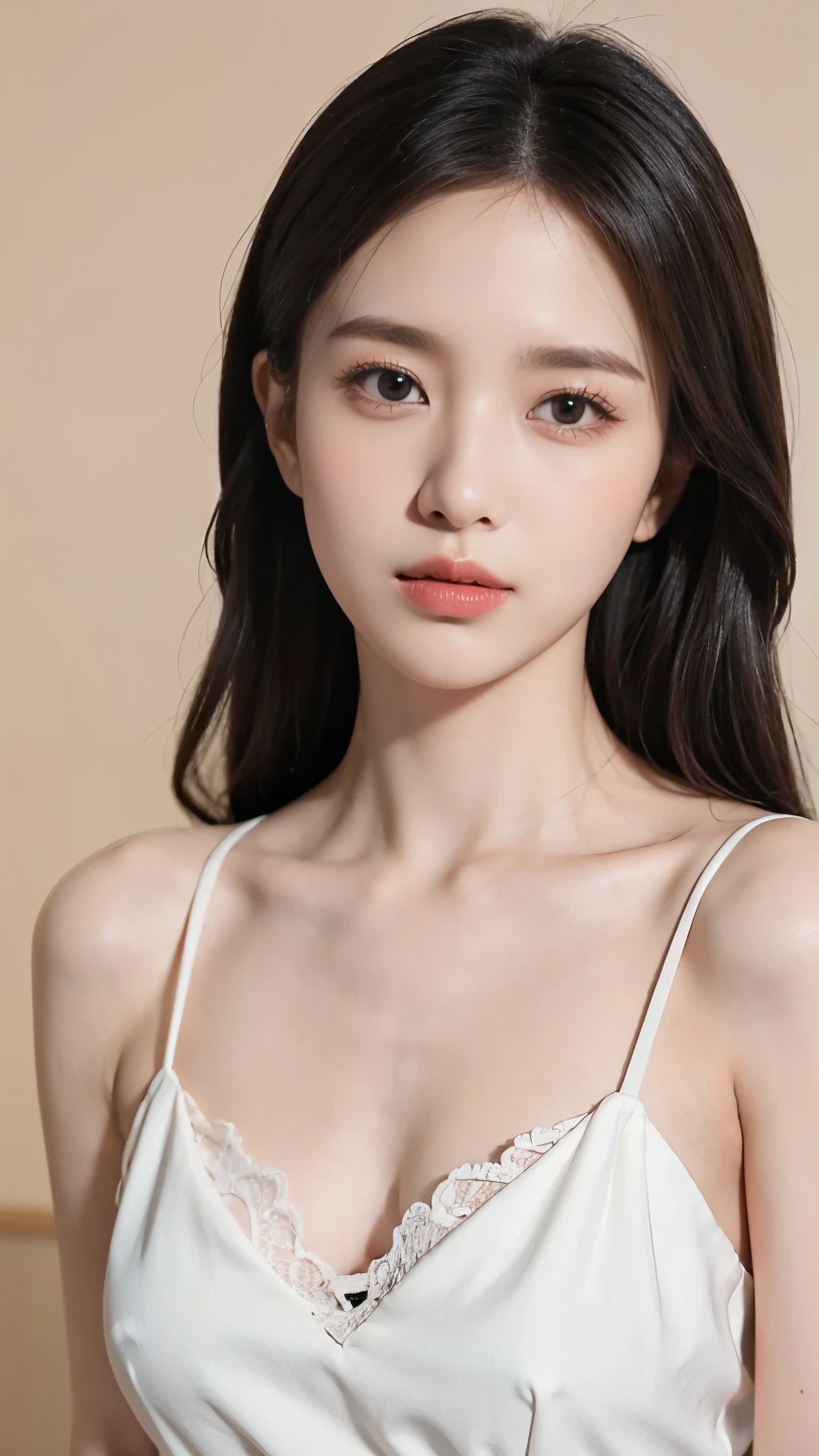 （（top-quality，8k，tmasterpiece：1.3）），Beautuful Women，Hide your face，1个Giant Breast Girl，big breasts beautiful：1.3，Slender abs：1.1，camisole，longblackhair，（sit on a bed），Super detailed face，Highly Detailed Lips，Detailed eyes，二重まぶた，Pink lace suspenders，Protruding cleavage