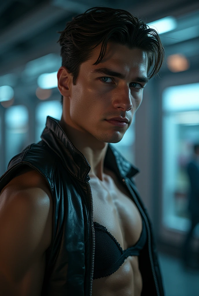 masterpiece, young 25 year old guy, cute with dark hair, Very short haircut. Bruises on the neck. Epicly dressed. Green jacket with dark gray shoulder pads. Shoulders black. Biker style. Cool jacket, durable. Blue eyes. charisma, perfect face. Clean shaved face. Hollywood looks. Smooth, thin nose. Handsome hero. raised hair. 