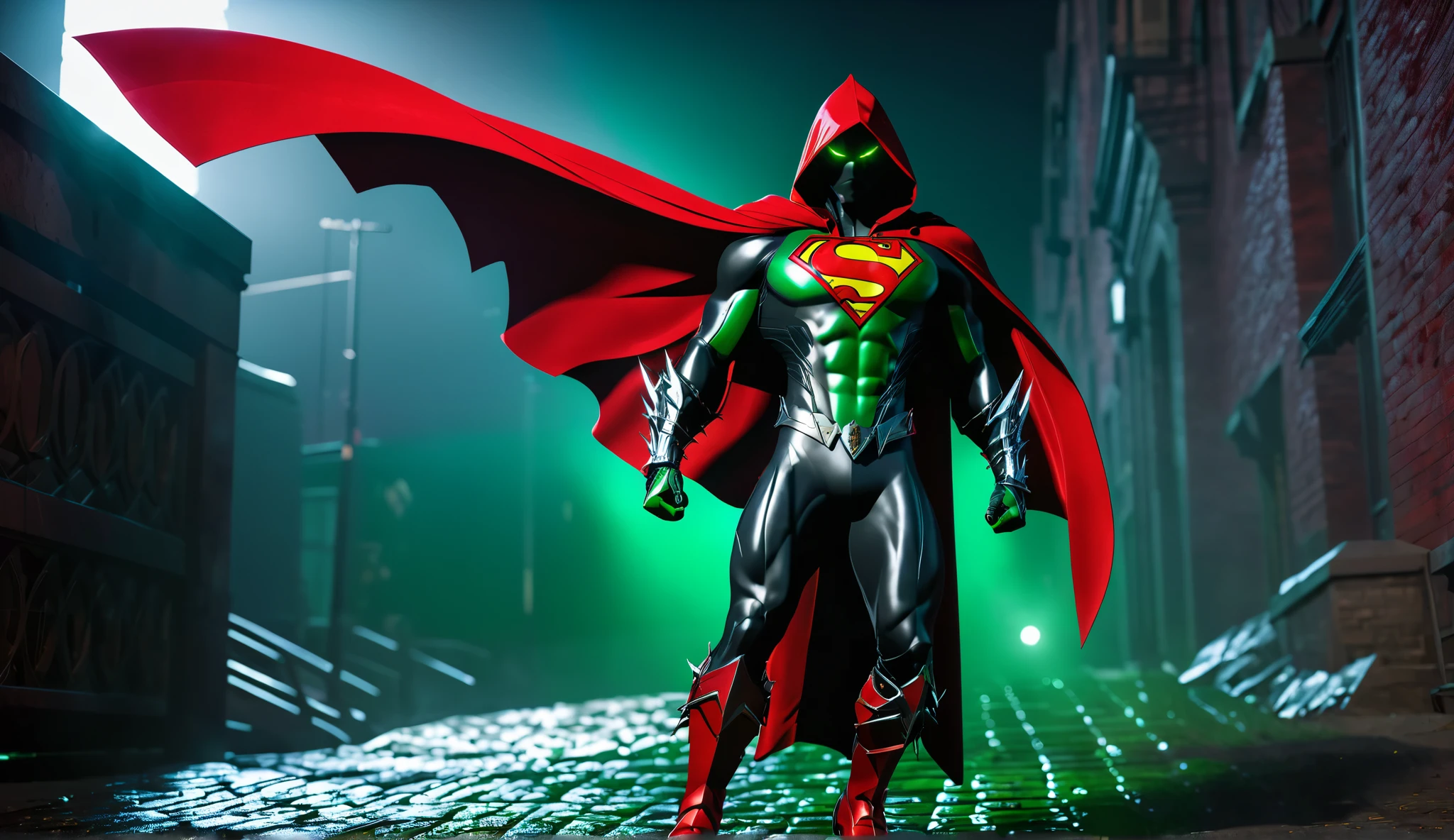 pixar style, focus on eyes, spawn2023, long red collar, red hoods, red cape, chains, skulls, extended green eyes, textured suit, red gloves, spikes, faces superman, dramatic lighting, 8k, muscular, ultra hd, best quality, award winning photo, rtx on, unreal engine 5, absurd, long cape, big red boot, big gauntlet, flowing cape, asymmetrical red armor, mask, night, dramatic lighting, epic red cape, broad shoulders, spiked shoulders, silver chain, cgi (computer graphics processing), flying pose