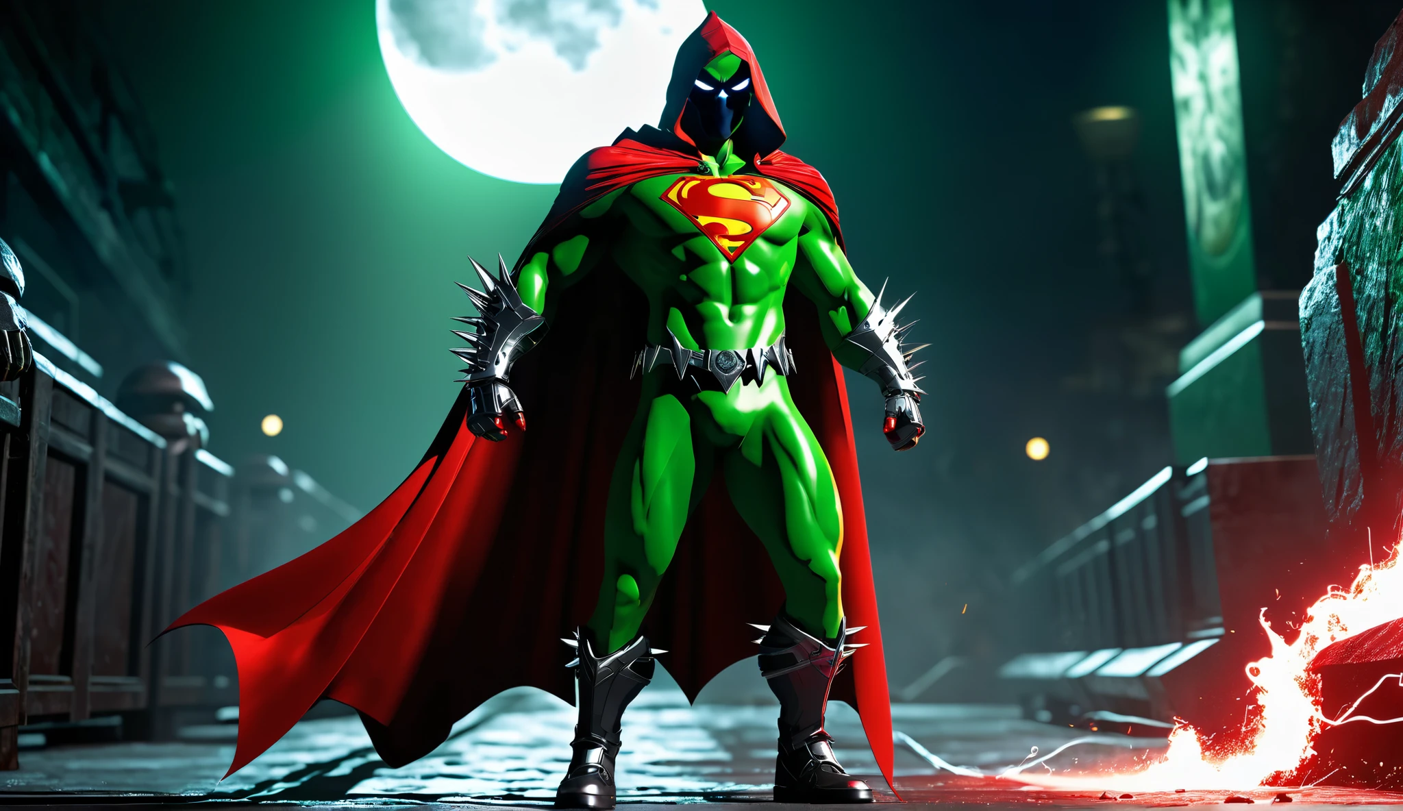 pixar style, focus on eyes, spawn2023, long red collar, red hoods, red cape, chains, skulls, extended green eyes, textured suit, red gloves, spikes, fight superman, dramatic lighting, 8k, muscular, ultra hd, best quality, award winning photo, rtx on, unreal engine 5, absurd, long cape, big red boot, big gauntlet, flowing cape, asymmetrical red armor, mask, night, dramatic lighting, epic red cape, broad shoulders, spiked shoulders, silver chain, cgi (computer graphics processing), flying pose