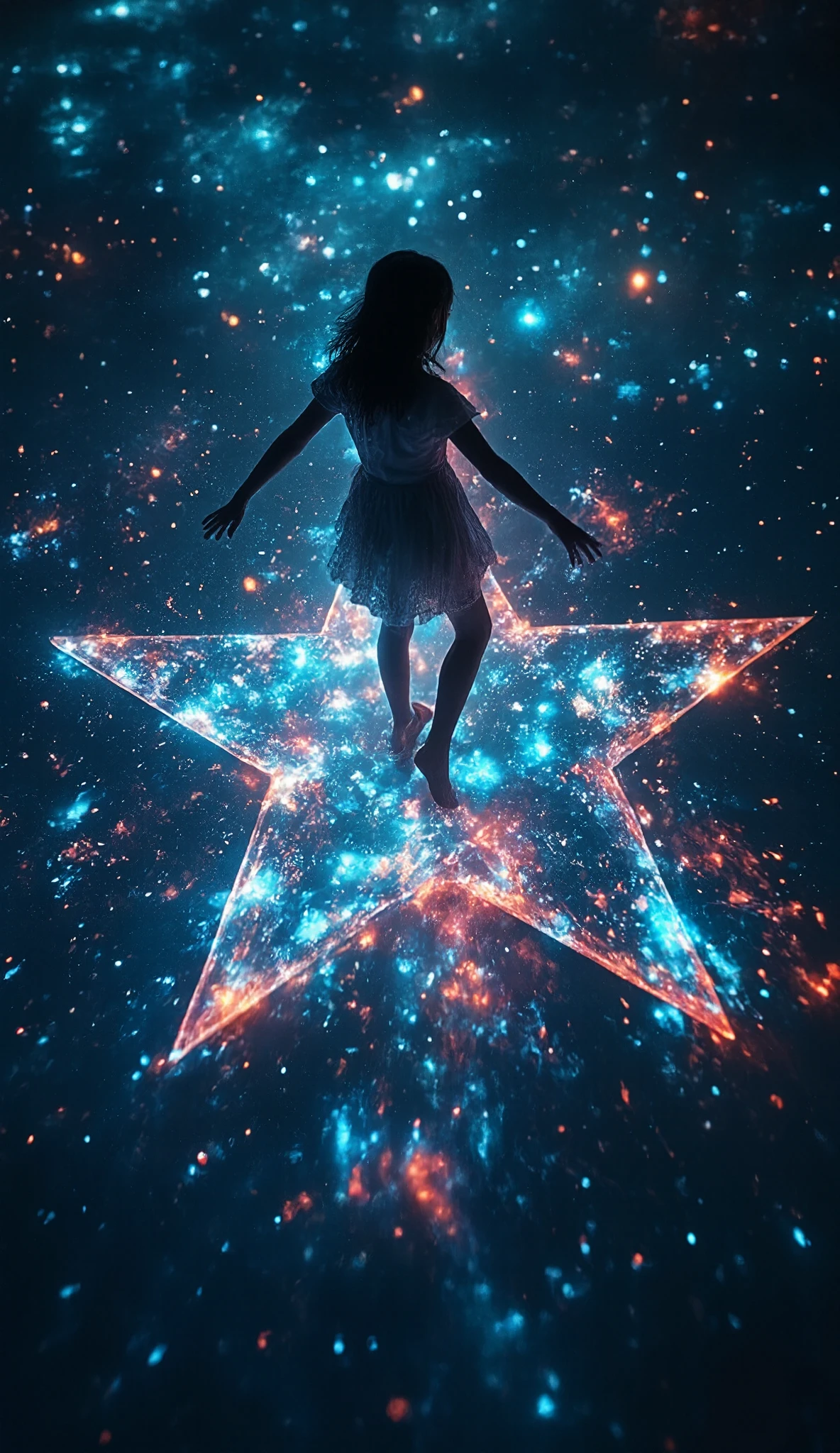 A girl is standing on a horizontally drawn pentagonal star, Alone, Three-dimensional bird's perspective , everything is drawn in silhouettes , GLOW LIGHT illumination like backlight , Galaxy Expression Live Background, Phantasmal iridescent water mixing, five-pointed star reflected by vivid vibes , and, she is dancing dynamic posing, dance motion blur, focus on the center,