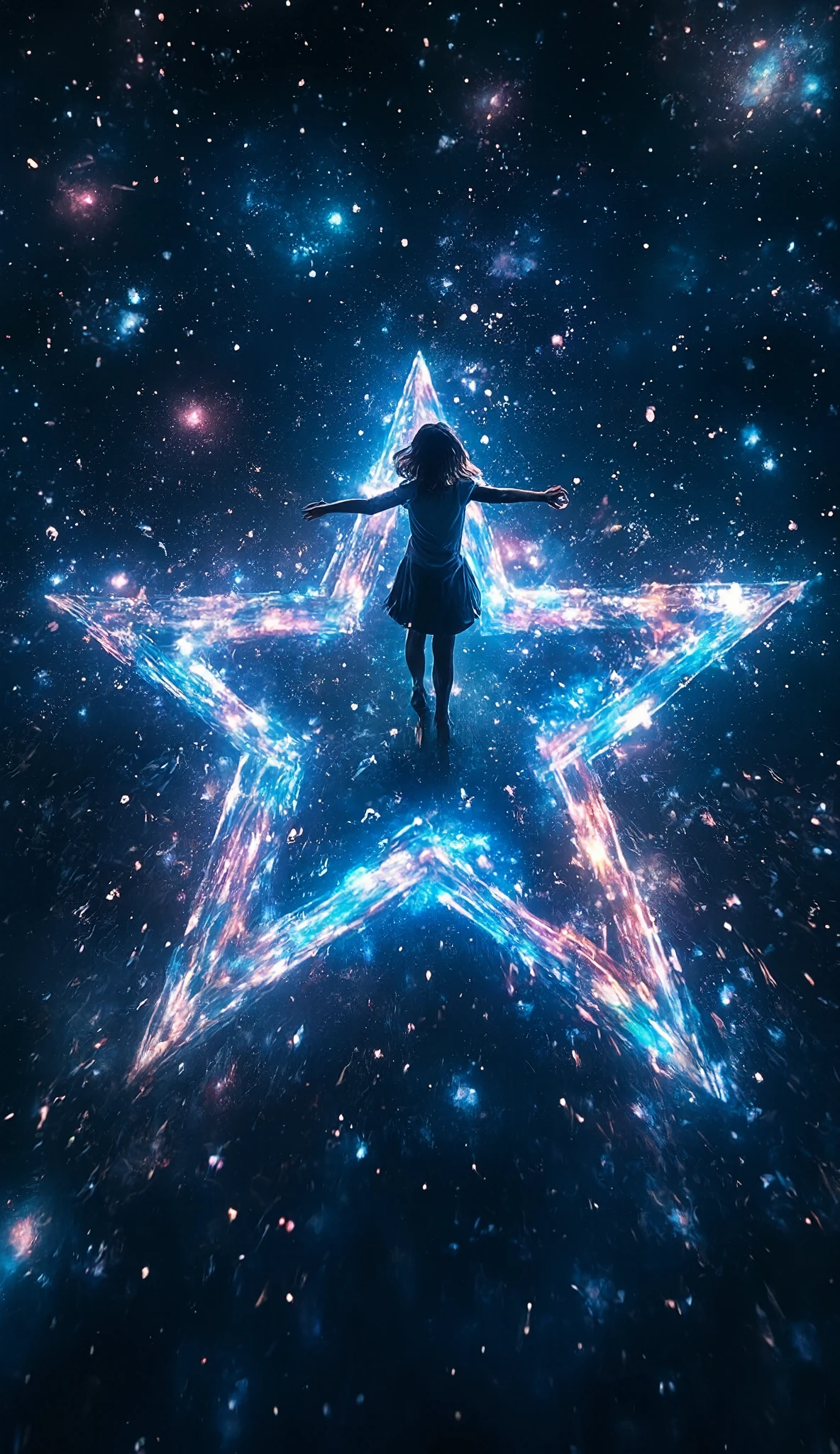 A girl is standing on a horizontally drawn pentagonal star, Alone, Three-dimensional bird's perspective , everything is drawn in silhouettes , GLOW LIGHT illumination like backlight , Galaxy Expression Live Background, Phantasmal iridescent water mixing, five-pointed star reflected by vivid vibes , and, she is dancing dynamic posing, dance motion blur, focus on the center,