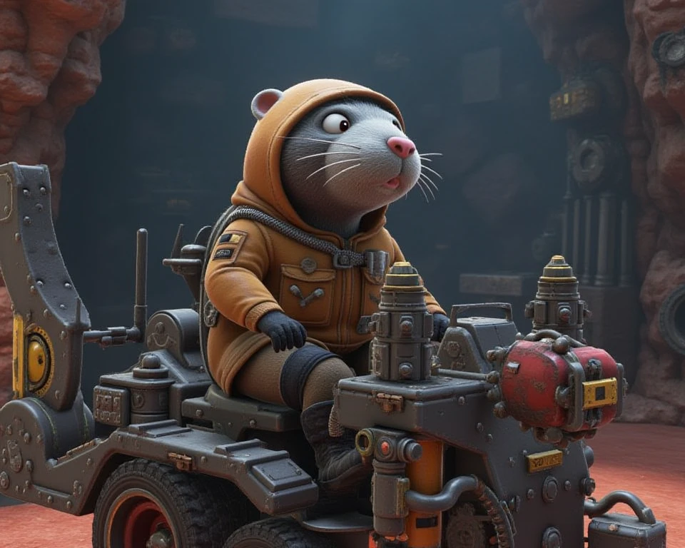 an anthropomorphic mole rat, it has a large round head, it has gray fur and it is dressed in a hood and miners' clothing. he is also the pilot of a futuristic drilling machine, Super_Mario_Odyssey