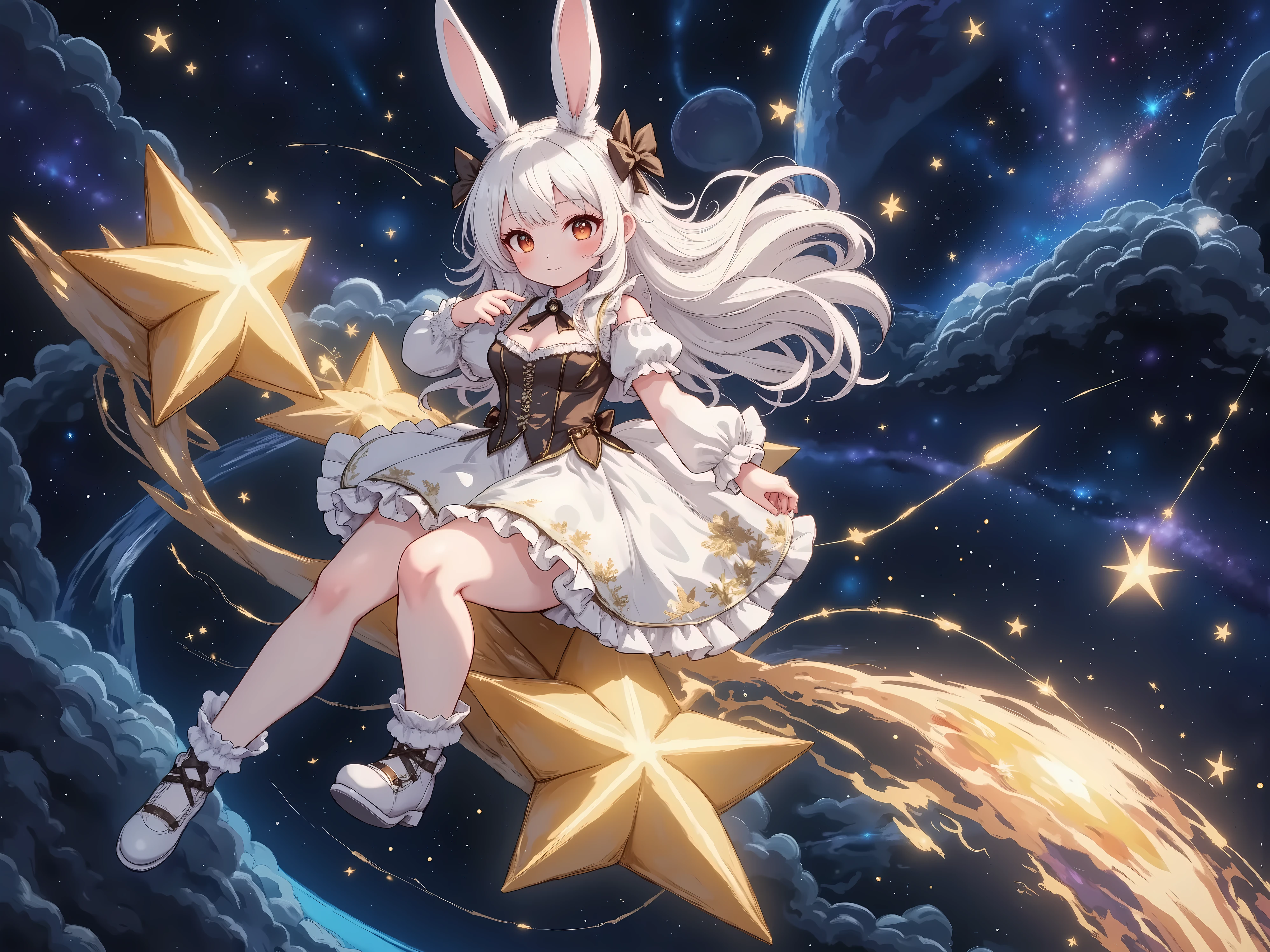 1girl, Rabbit girl riding a star:1.3, Riding on a cute twinkling star, The eyebrows are raised sharply, Smiling, (Very cute frilly dress, Riding on the stars and making cool turns, Facing the audience, She's doing cool turns\Her turn draws a beautiful trail of light, Diagonal view from below:1.1, Very detailed clothing:1.3, Intricate and frilly costumes:1.3, Her hair is beautiful and shiny: 1.3), masterpiece, Best Quality, Fluffy ちび,cute, Super awesome, Super awesome, Whole body, Anatomically correct, Shooting stars of all sizes, Shooting Star, Colorful stars flying in the background, background\universe