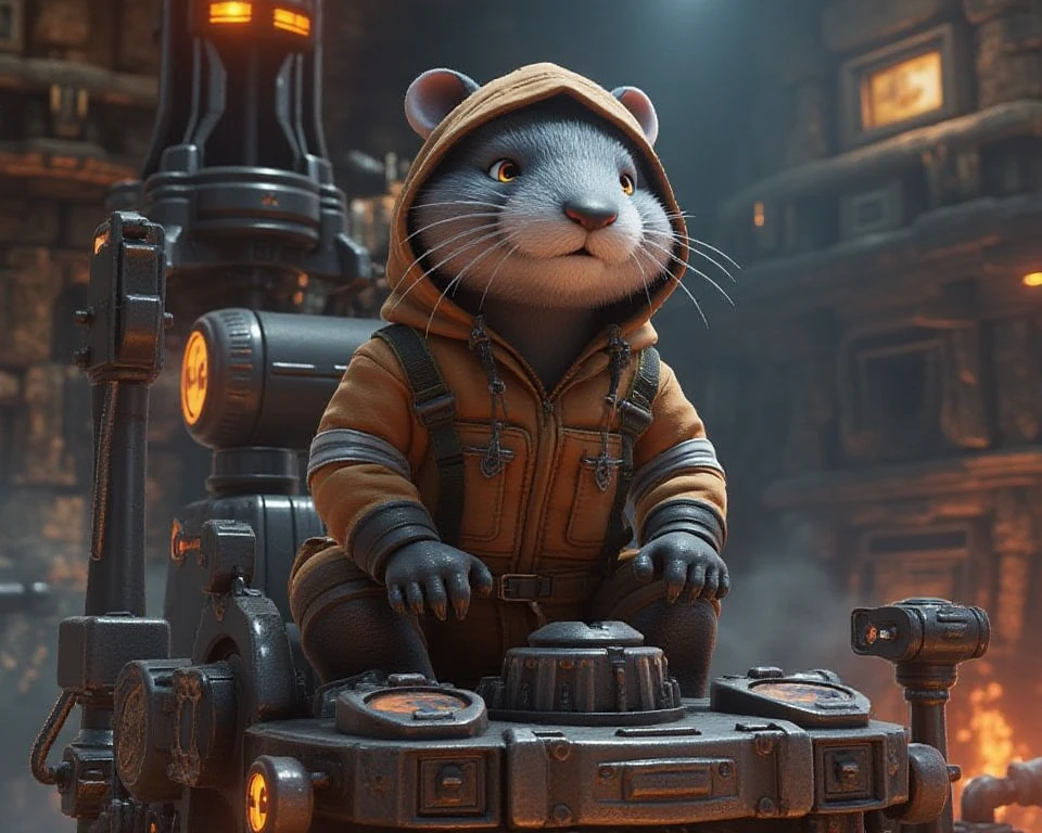 an anthropomorphic mole rat, it has a large round head, it has gray fur and it is dressed in a hood and miners' clothing. he is also the pilot of a futuristic drilling machine, Super_Mario_Odyssey