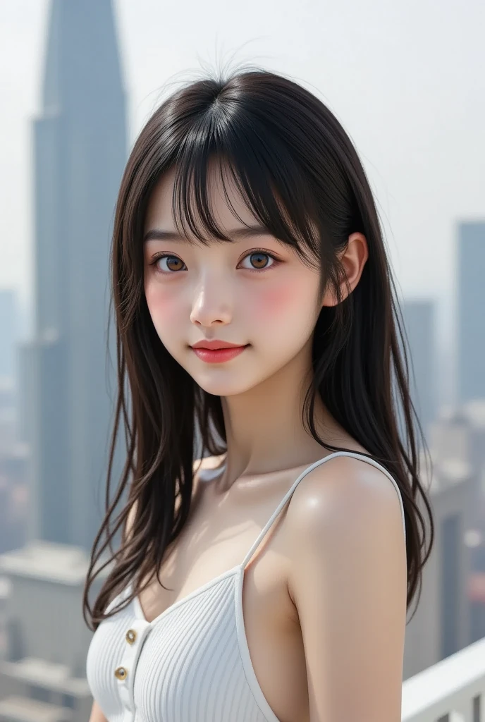 masterpiece, 1 beautiful girl, detailed, Swollen eyes, highest quality, 超High resolution, (reality: 1.4), Original photo, One girl, Cinema Lighting, smile, Japanese, Asian Beauty, Korean, clean, so beautiful, Small young face, Beautiful Skin, thin, Cyberpunk Background, (Ultra-realistic), (High resolution), (8k), (非常にdetailed), (Best illustrations), (Beautiful and detailed eyes), (非常にdetailed), (wallpaper), (detailedな顔), Viewers are watching, The finer details, detailedな顔, Pure Erotic Face Ace_v1, smile, 46 point diagonal bangs, Look straight ahead, Dress neatly, Dark Eyes, Sleeveless clothing, Body facing forward,