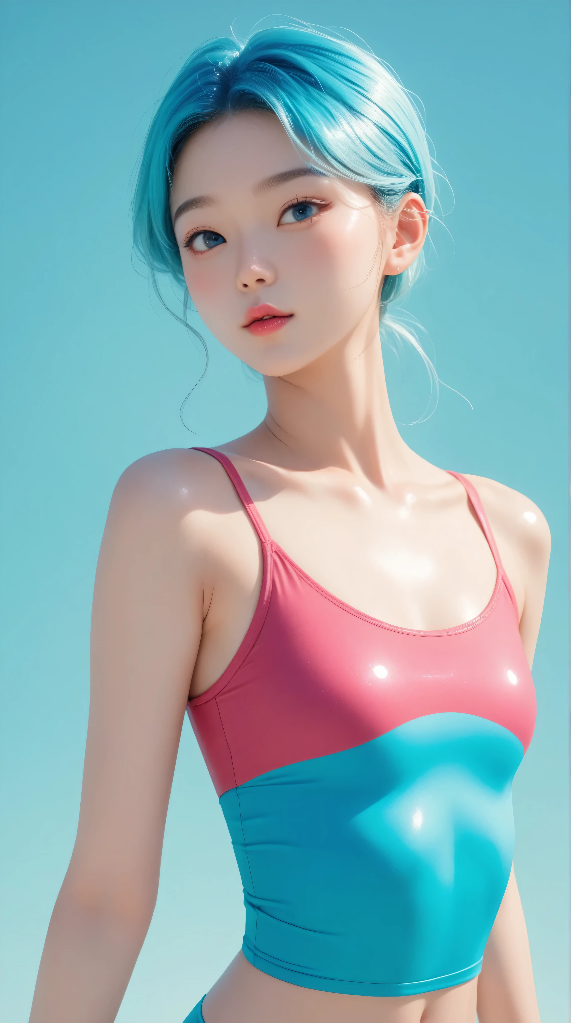 Kizi,Highly detailed, Amazing work,Vitreous luster,((clean backdrop)),In pink,(((blue colors))),green color,red colour,Best quality at best,clean backdrop, young korean girl, sexy, petite, slender, shiny skin,