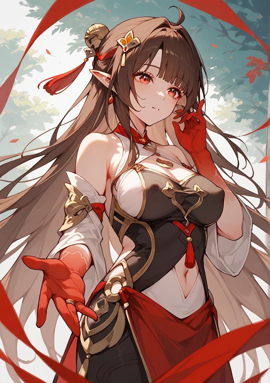 score_9, score_8_up, score_7_up, medium breasts, brown hair, red eyes, long hair, Lingsha, red hands , hair ornament, covered nipples, pointy ears, bare shoulders, bang, cowboy shot, milf 
