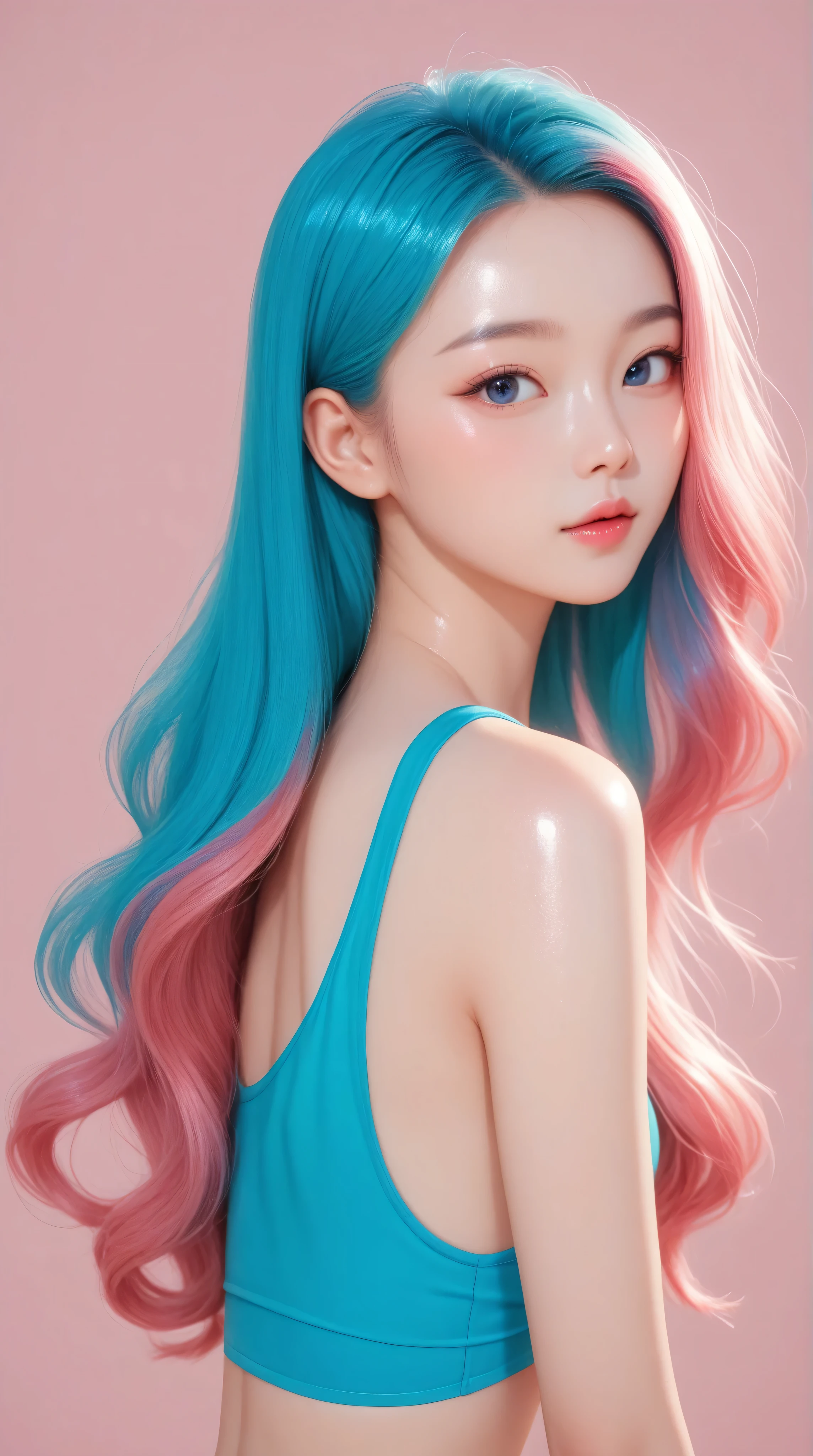 Kizi，Highly detailed, Amazing work，Vitreous luster,((clean backdrop))，In pink，(((blue colors)))，green color，red colour，Best quality at best，clean backdrop, young korean girl, sexy, petite, slender, shiny skin, 