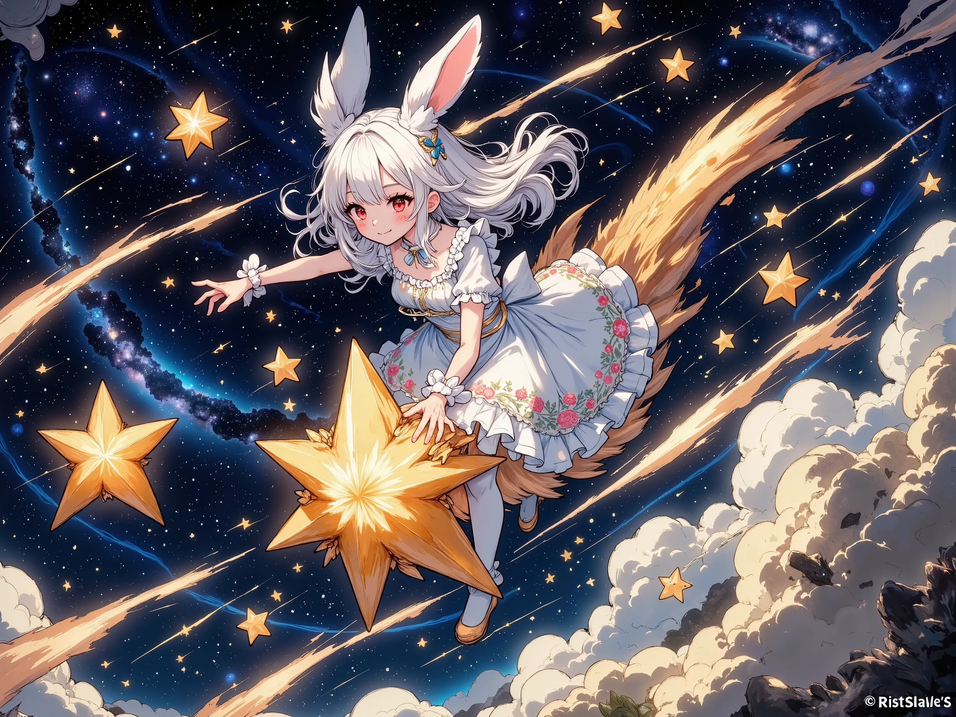 1girl, Rabbit girl riding a star:1.3, Riding on a cute twinkling star, The eyebrows are raised sharply, Smiling, (Very cute frilly dress, Riding on the stars and making cool turns, Facing the audience, She's doing cool turns\Her turn draws a beautiful trail of light, Diagonal view from below:1.1, Very detailed clothing:1.3, Intricate and frilly costumes:1.3, Her hair is beautiful and shiny: 1.3), masterpiece, Best Quality, Fluffy ちび,cute, Super awesome, Super awesome, Whole body, Anatomically correct, Shooting stars of all sizes, Shooting Star, Colorful stars flying in the background, background\universe
