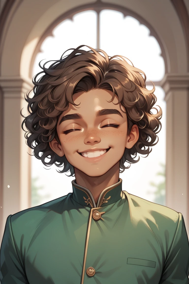 1boy, eerily boy, curly hair, brown hair, eyes closed,lip smile, dull smile, green robes , tanned skin
