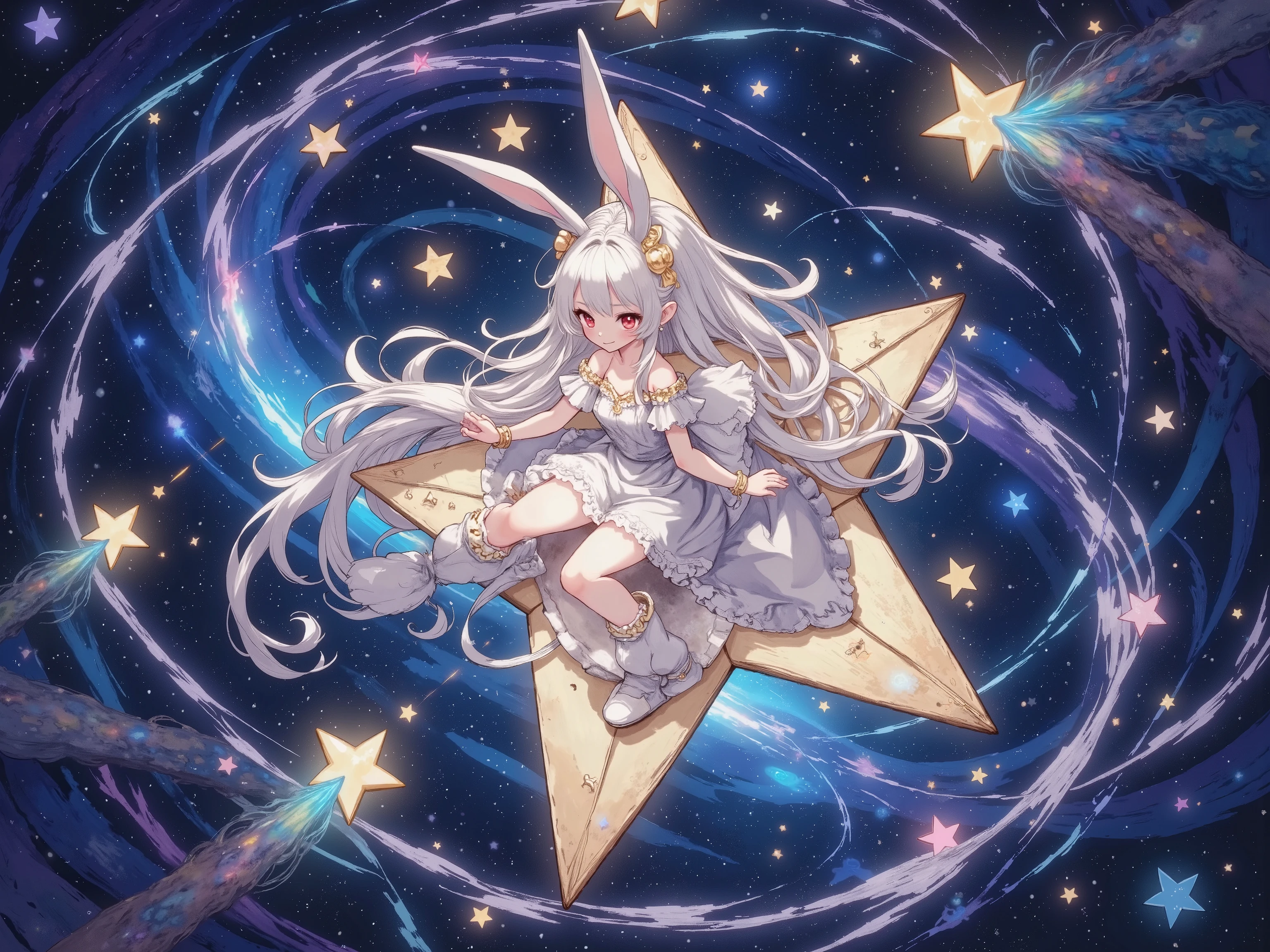 1girl, Rabbit girl riding a star:1.3, Riding on a cute twinkling star, Perfect star shape:1.3, The eyebrows are raised sharply, Smiling, (Very cute frilly dress, Riding on the stars and making cool turns, Facing the audience, She's doing cool turns\Her turn draws a beautiful trail of light, Diagonal view from below:1.1, Very detailed clothing:1.3, Intricate and frilly costumes:1.3, Her hair is beautiful and shiny: 1.3), masterpiece, Best Quality, Fluffy ちび,cute, Super awesome, Super awesome, Whole body, Accurate legs:1.3, Anatomically correct:1.3, Shooting stars of all sizes, Shooting Star, Colorful stars flying in the background, background\universe