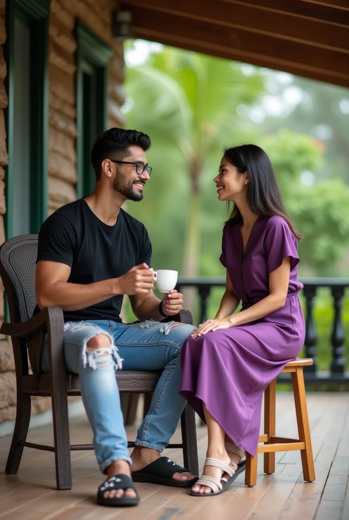 Man and woman in a small cozy restaurant, Evening, sunset, hanging flowers, ((the woman is a little plump)),in a beautiful modest dress, Man in shirt and trousers, slim with glasses,they smile and hold hands. ultra detailed, hyperrealism, Best quality, 8 k