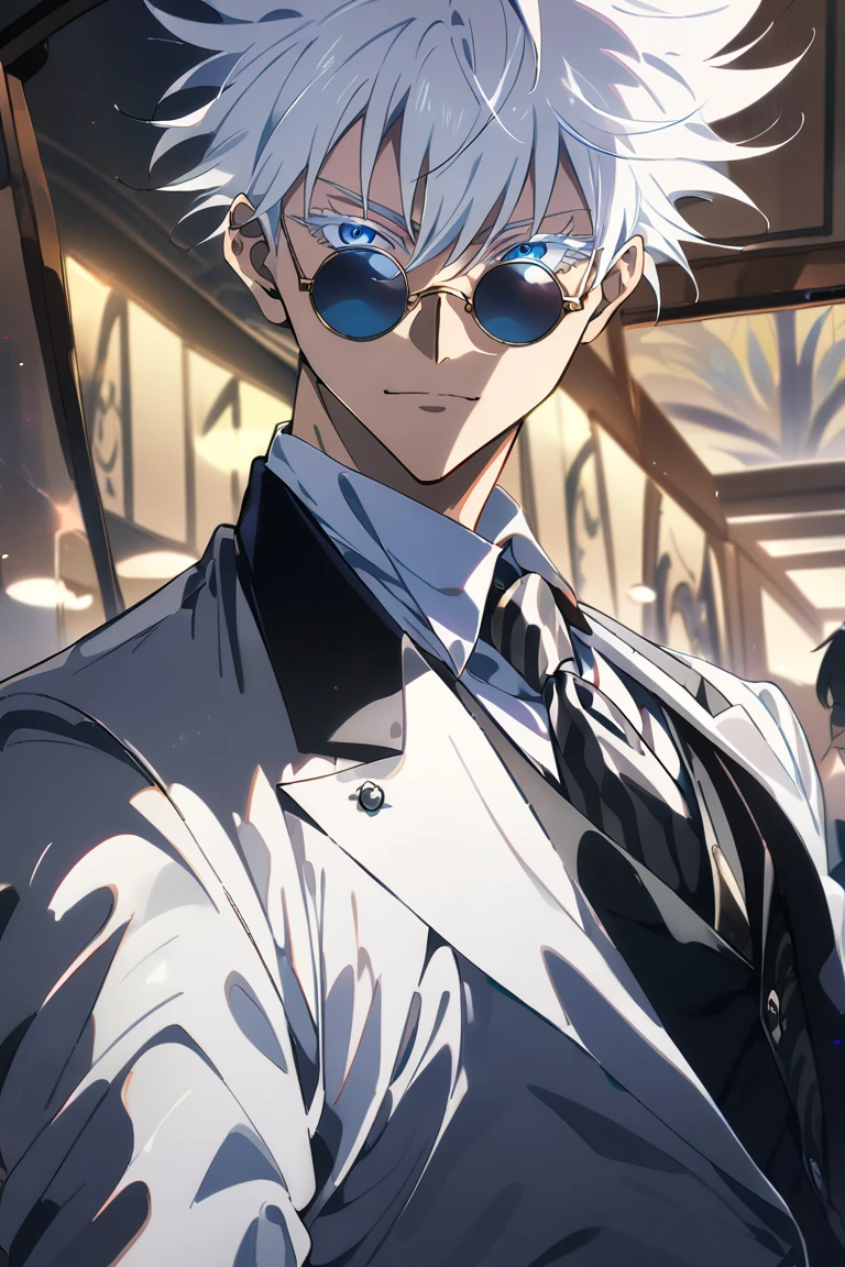 
 short hair, 1boy, white hair,spiked hair,  gojou satoru, blue eyes, colored eyelashes, hair between eyes, round sunglasses, looking at viewer
Satoru gojo in a dapper suit looking handsome and charismatic and badass and sexy.Masterpiece, Best Quality, Award Winning, UHD, Anime, Anime Style, 