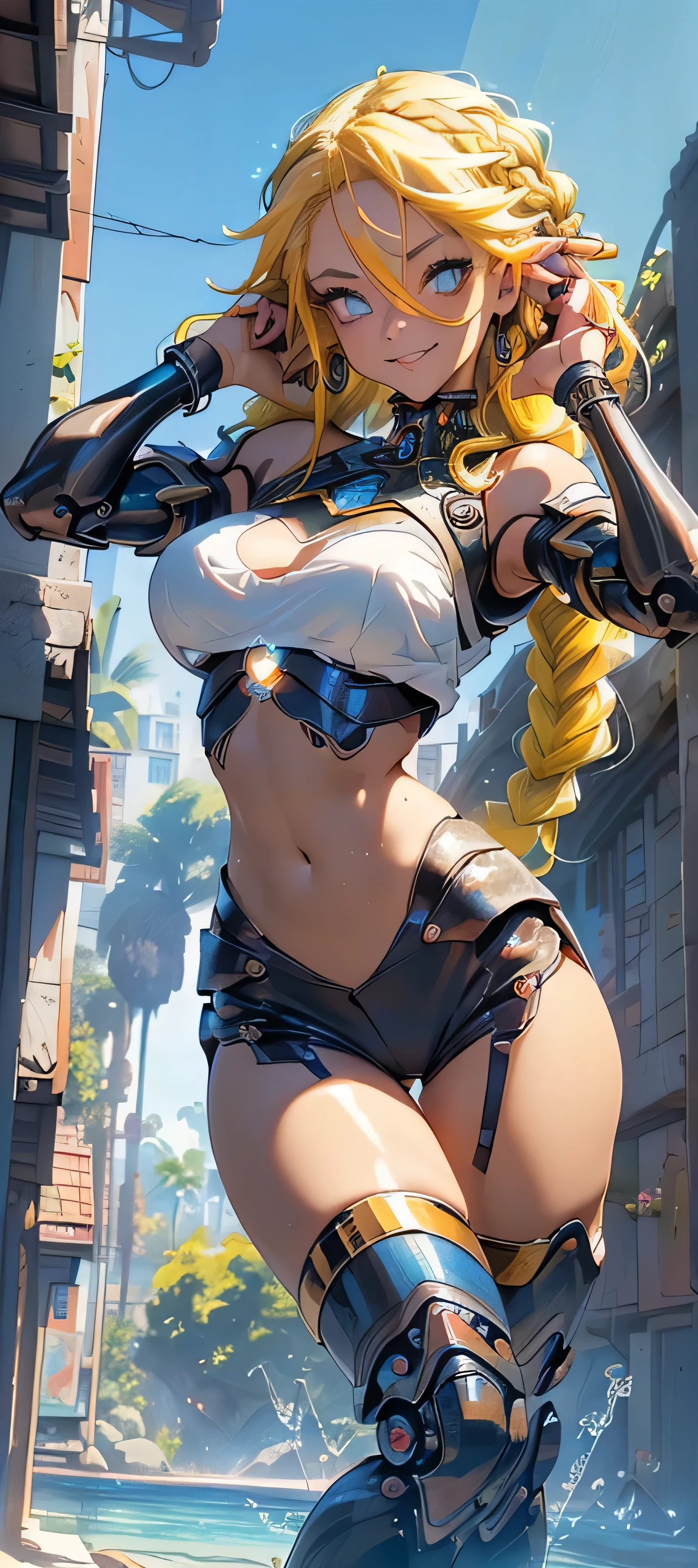 full body shot of 1girl (1girl:1.4) beautiful, perfect eyes, perfect face, perfect lighting, 1girl, long white hair, (large breasts:1.5) wide hips, two-piece bikini (dark skin:1.5) slight smile, absurdres, [perfect shadows and lighting] detailed background, incredible high-key lighting, rich colors, cyberpunk background, accurate, anatomically correct (masterpiece:1.3) ultra detailed illustration, (best quality:1.3), textured skin, high details, award winning, highres, UHD, UHD, UHD, UHD, UHD
