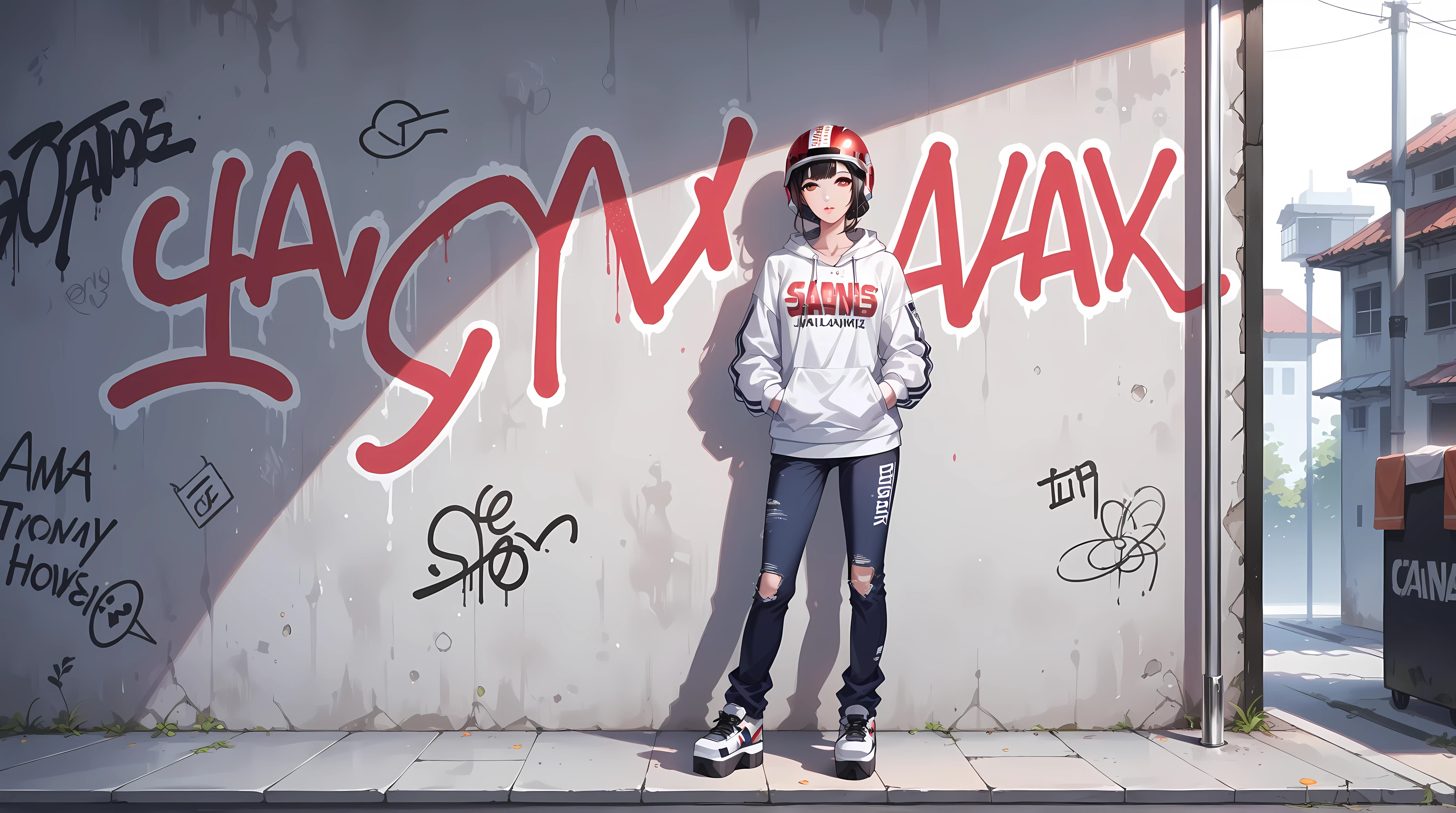 A beautiful young Korean woman .
Chanel-style black hair , fluttering.
honey-colored eyes, expressive, obfuscating, incandescent.
thin neck.
Full and voluminous lips , Red color.
fine winding.
long thin legs .
muscular belly.
Dressed in a sweatshirt jacket , black color, short, stormtrups helmet-style hoodie , Print of "StarWars".
wide pants, White color, torn, Hip-Hop style.
White platform style shoe .
In the background a wall filled with various graffiti.
low lighting.
Pole lighting effect .