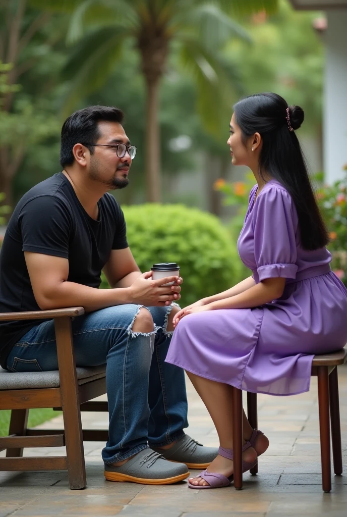 (Photorealism )   [21 : 9] The image shows a couple posing in a lush, green, indoor garden setting. The woman stands to the left, slightly leaning into the man who is seated on a tall stool. She has her left hand gently placed on his right shoulder and his arm resting on her waist. She is dressed in a simple, elegant outfit: a black short-sleeved top tucked into a long, high-waisted cream-colored skirt that reaches down to her ankles. She is wearing nude-colored, low-heeled shoes. The man is seated on the stool with his hands resting on his knees. He is wearing a casual yet neat outfit: a dark, long-sleeved shirt with the sleeves rolled up, beige chinos, and black ankle boots. He looks straight into the camera with a calm expression. The background is filled with various green plants and shrubs, creating a serene, natural atmosphere. The white brick wall behind them is partially visible through the foliage, adding a subtle contrast to the greenery. The floor is covered with green artificial grass, which, combined with the plants, gives the space an almost outdoor-like feel despite being indoors. Overall, the composition of the image is intimate and tranquil, with the couple's close proximity and the lush, vibrant greenery surrounding them contributing to a warm and peaceful mood. The woman has a delicate and refined facial structure with soft features. Her face is slightly oval, and she has high cheekbones that subtly enhance her gentle expression. Her complexion is fair, and her skin appears smooth and flawless. Her dark hair is neatly pulled back, accentuating her slender neck and graceful posture. Her eyes are almond-shaped, and she has a serene, almost serene gaze directed towards the camera, giving her a composed and calm appearance. Her lips are naturally full and slightly curved into a gentle, content smile. The man has a more angular facial structure, with a strong jawline and prominent cheekbones. His broad face and dark, thick hair, neatly styled, frame hi
