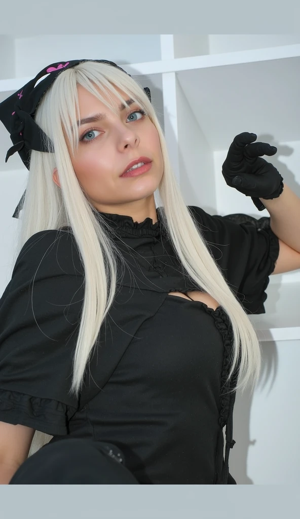 Blonde girl in a black corset and white sleeves.