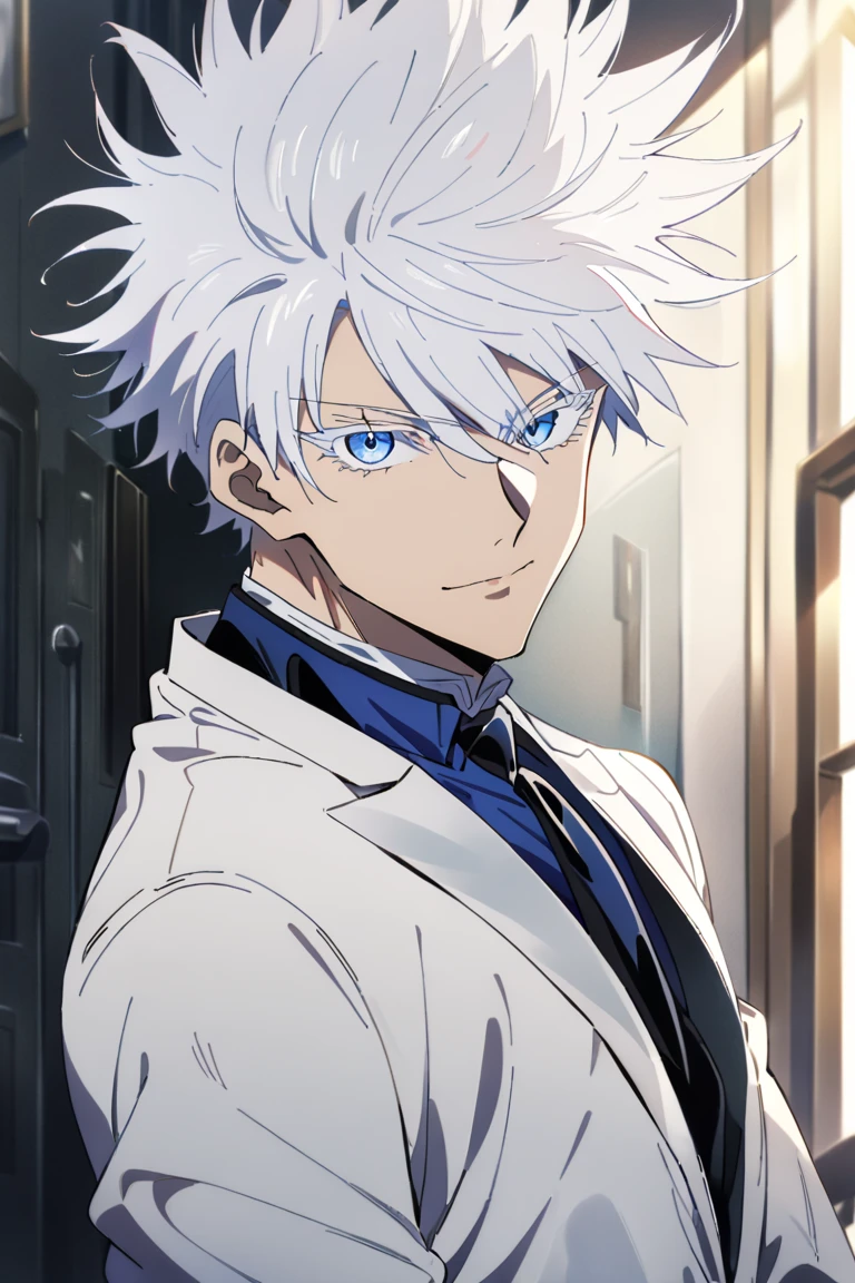 
 short hair, 1boy, white hair,spiked hair,  gojou satoru, blue eyes, colored eyelashes, hair between eyes, round sunglasses, looking at viewer. Full-length picture 
Satoru gojo in a dapper suit looking handsome and charismatic and badass and sexy.Masterpiece, Best Quality, Award Winning, UHD, Anime, Anime Style, Anatomically Correct, 