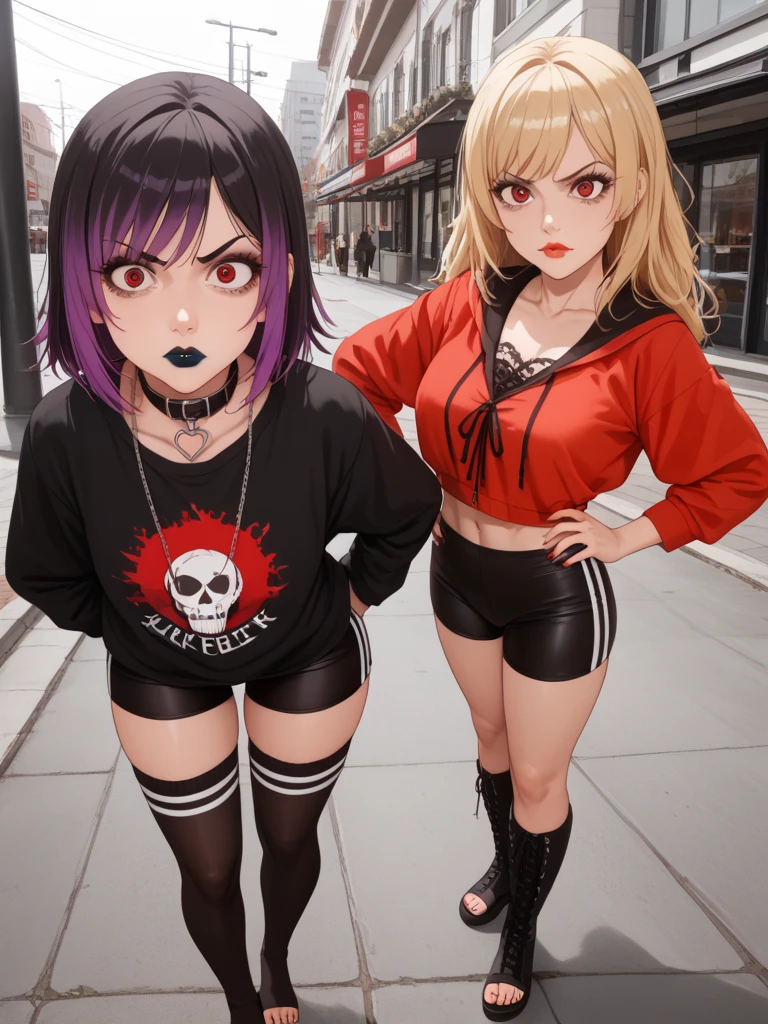 2 girls,  far view, visibly trembling, trembling, trembling girls, shocked, face focus, looking at viewer, eye contact with viewer, looking directly at viewer, hyper detailed face expression, facing viewer, hyper detailed eyes, angry brows, standing split, perfectly straigh standing split, big boobs, (girl with blonde hair, small nose, red lips  cute oversized clothes), (girl with black hair and purple highlights, black lipstick, revealing goth clothes), girls touching boobs, angry,  furious, angry different hair, different clothes, layered hair, wolfcut hairstyle, frilled socks, yandere, hypnotized, collar,  black lace bra, goth clothes, bike shorts, pouty lips, toeless legwear, cross-laced legwear, masterpiece, best quality, uncensored, hyper realistic, hyper detail, small cafe scenery