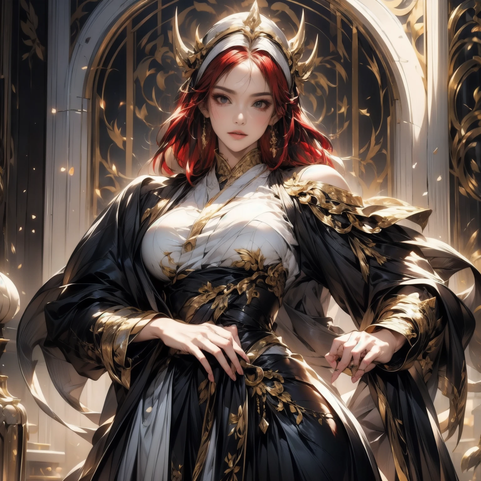 young Dragon-Girl, (deep red hair), big hair, portrait, double eyelid, serious face, small breast, heterochromia, one yellow eye, Princess of Dragons, Dynasty of fire