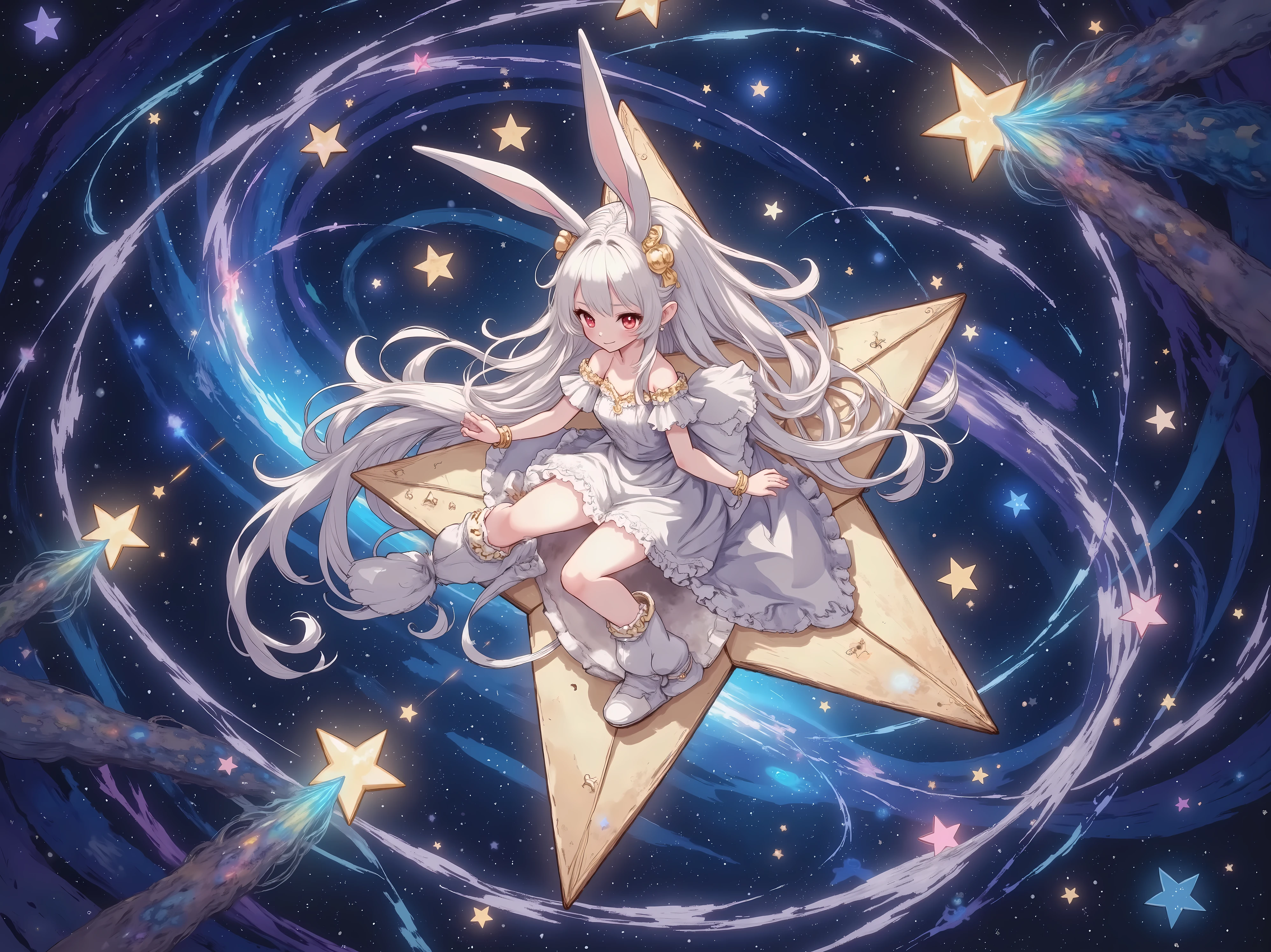 1girl, Rabbit girl riding a star:1.3, Riding on a cute twinkling star, Perfect star shape:1.3, The eyebrows are raised sharply, Smiling, (Very cute frilly dress, Riding on the stars and making cool turns, Facing the audience, She's doing cool turns\Her turn draws a beautiful trail of light, Diagonal view from below:1.1, Very detailed clothing:1.3, Intricate and frilly costumes:1.3, Her hair is beautiful and shiny: 1.3), masterpiece, Best Quality, Fluffy ちび,cute, Super awesome, Super awesome, Whole body, Accurate legs:1.3, Anatomically correct:1.3, Shooting stars of all sizes, Shooting Star, Colorful stars flying in the background, background\universe