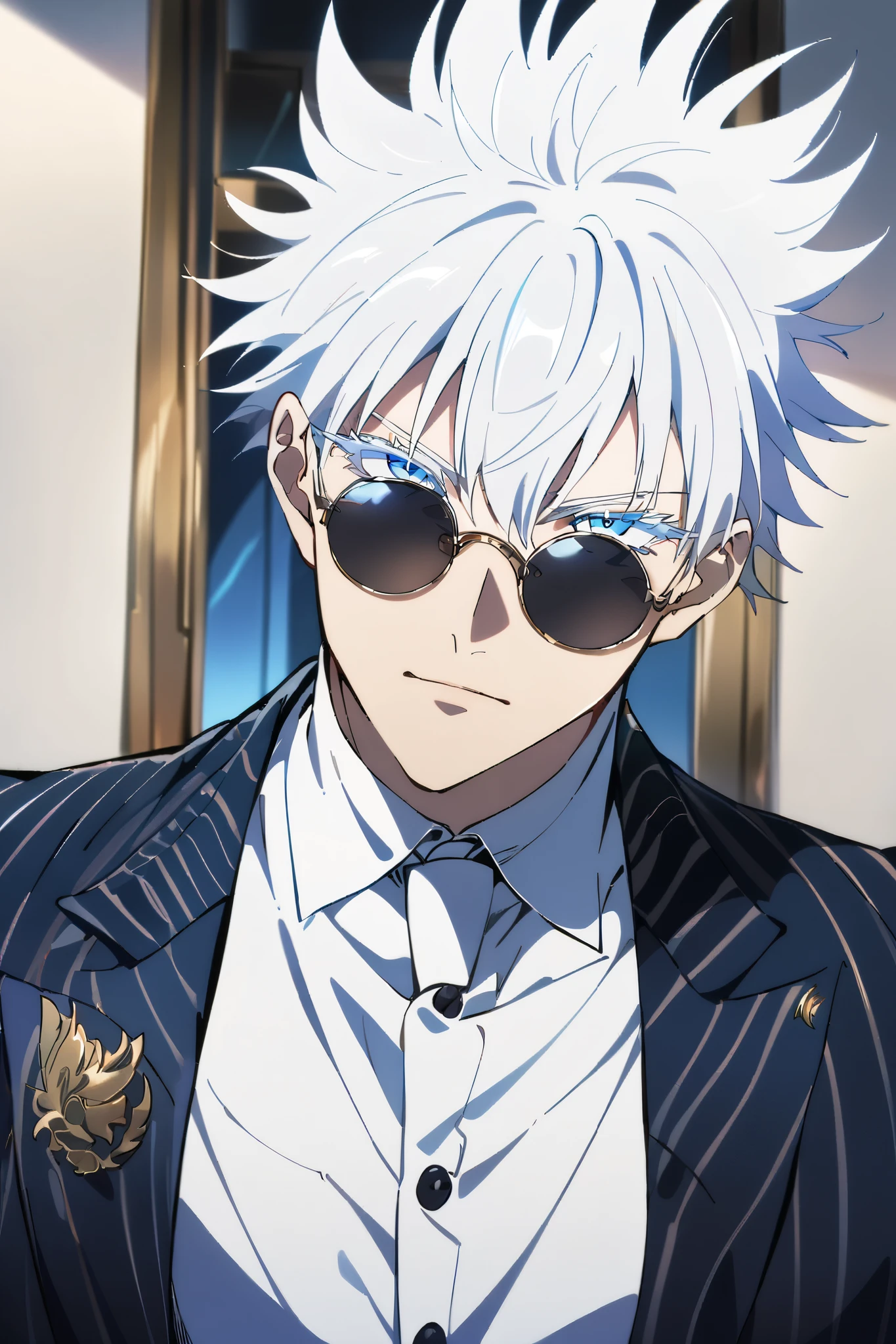 
 short hair, 1boy, white hair,spiked hair,  gojou satoru, blue eyes, colored eyelashes, hair between eyes, round sunglasses, looking at viewer
Satoru gojo in a dapper suit looking handsome and charismatic and badass and sexy.Masterpiece, Best Quality, Award Winning, UHD, Anime, Anime Style, Anatomically Correct, 