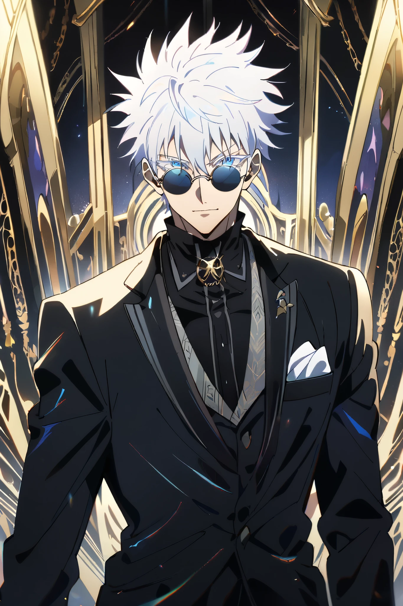 
 short hair, 1boy, white hair,spiked hair,  gojou satoru, blue eyes, colored eyelashes, hair between eyes, round sunglasses, looking at viewer. Full-length picture 
Satoru gojo in a dapper suit looking handsome and charismatic and badass and sexy.Masterpiece, Best Quality, Award Winning, UHD, Anime, Anime Style, Anatomically Correct, 